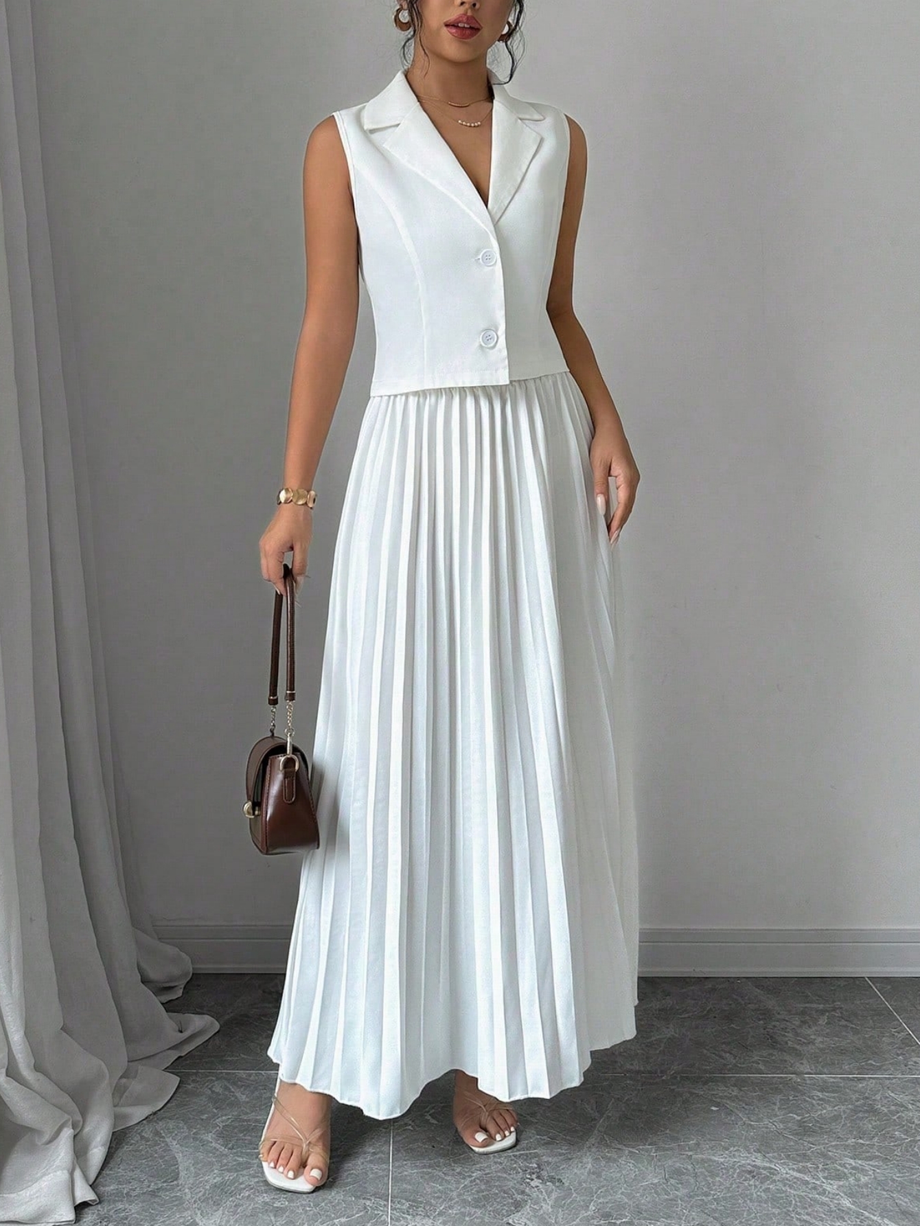 White Pleated Skirt and Crop Top Co-Ord Set