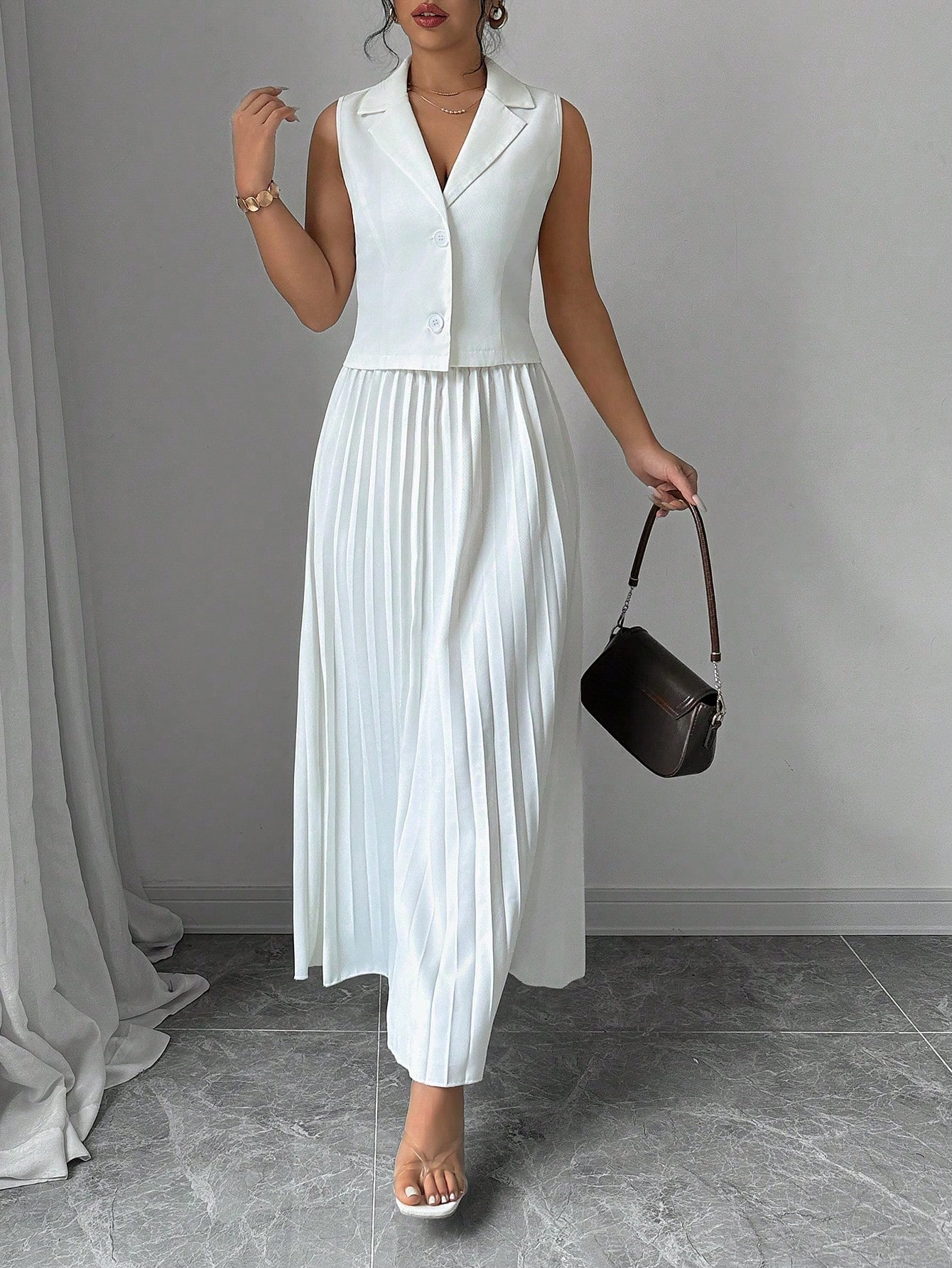 White Pleated Skirt and Crop Top Co-Ord Set