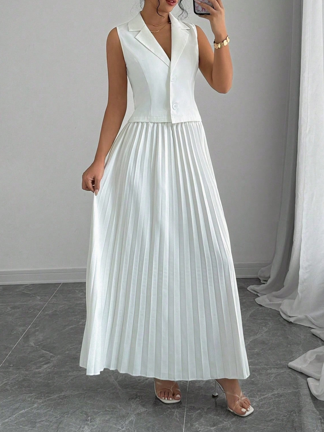 White Pleated Skirt and Crop Top Co-Ord Set