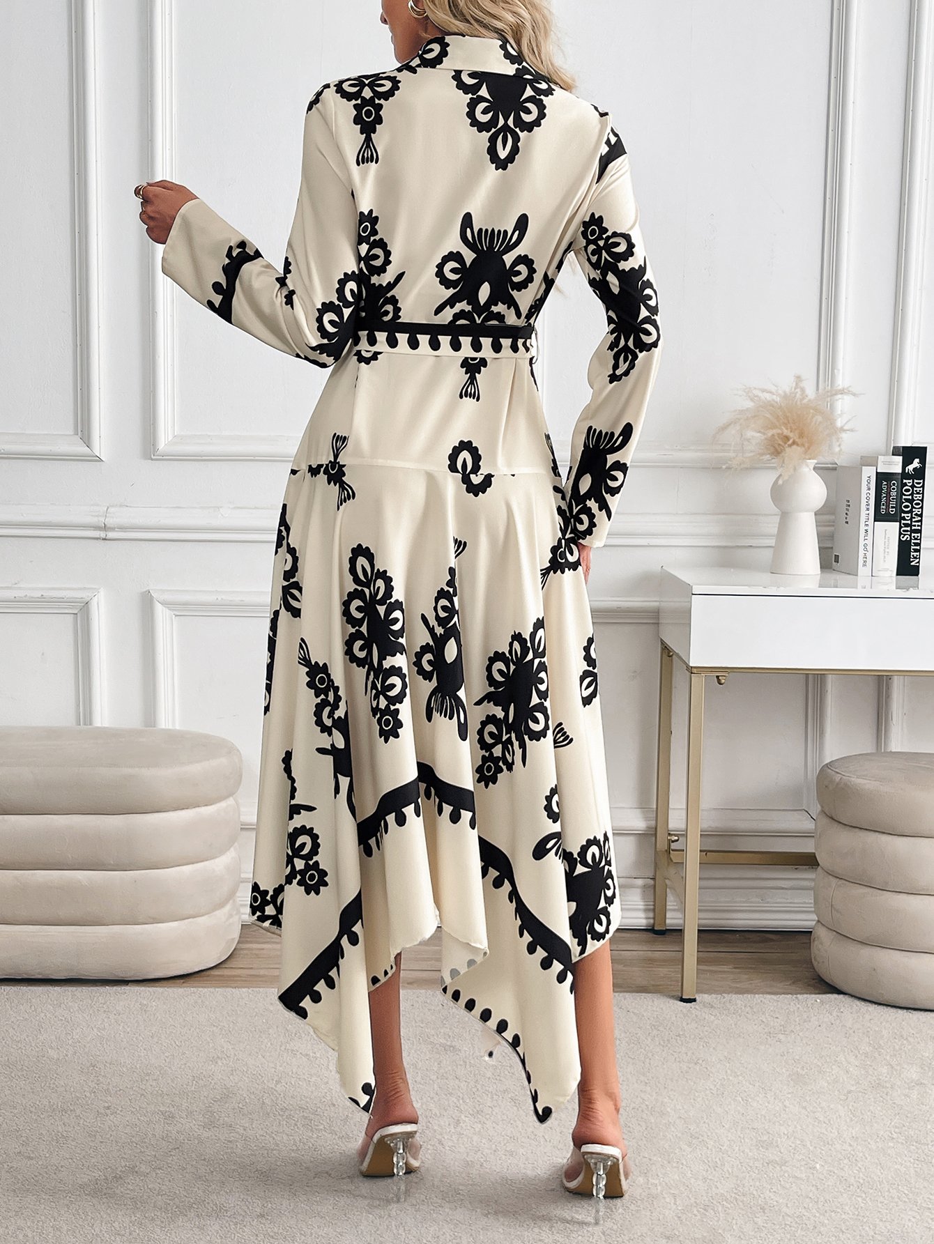 Graphic Print Long Sleeve Midi Dress