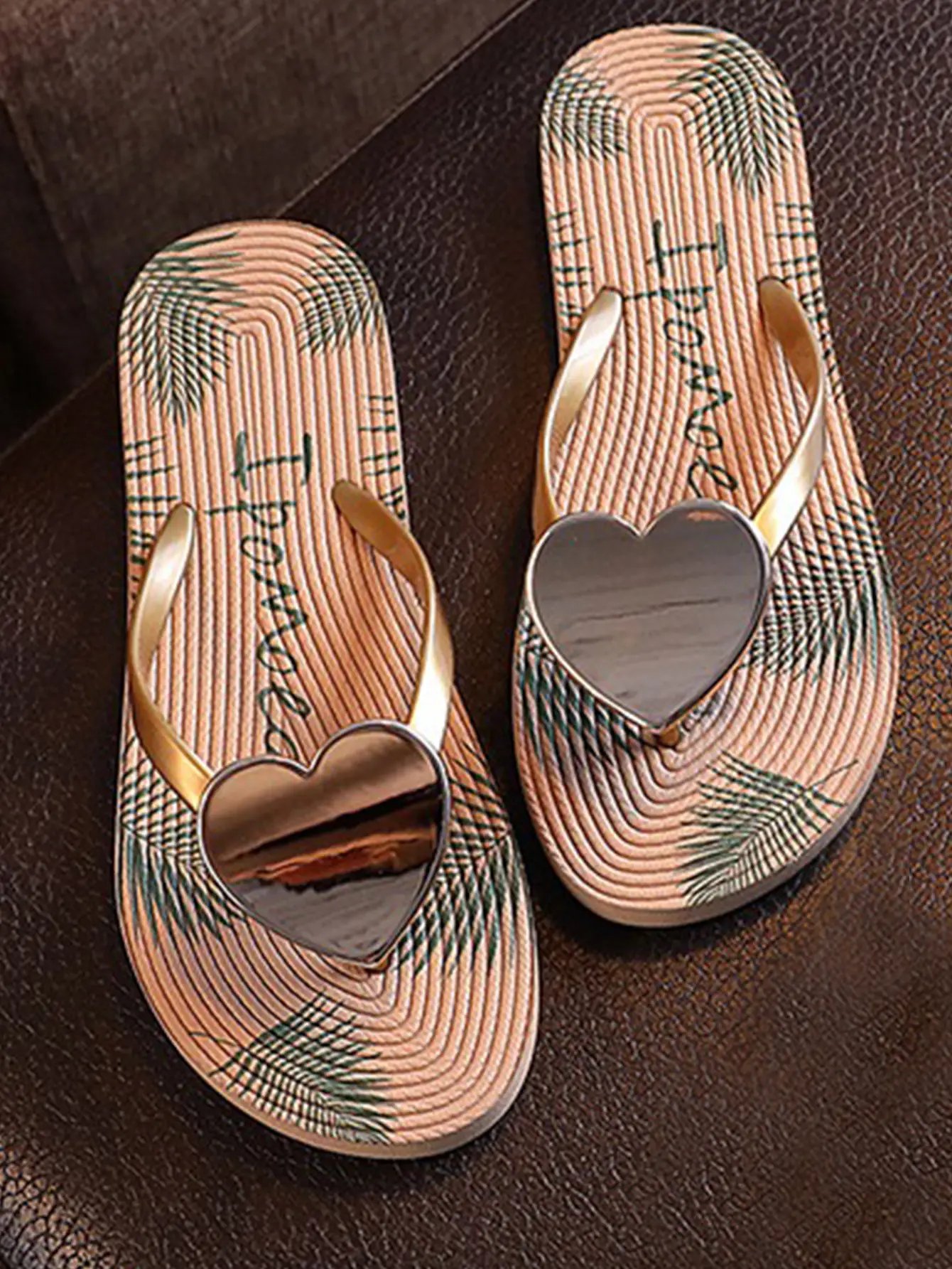 Multi-Color Graphic Print Hear Charm Flip-Flops