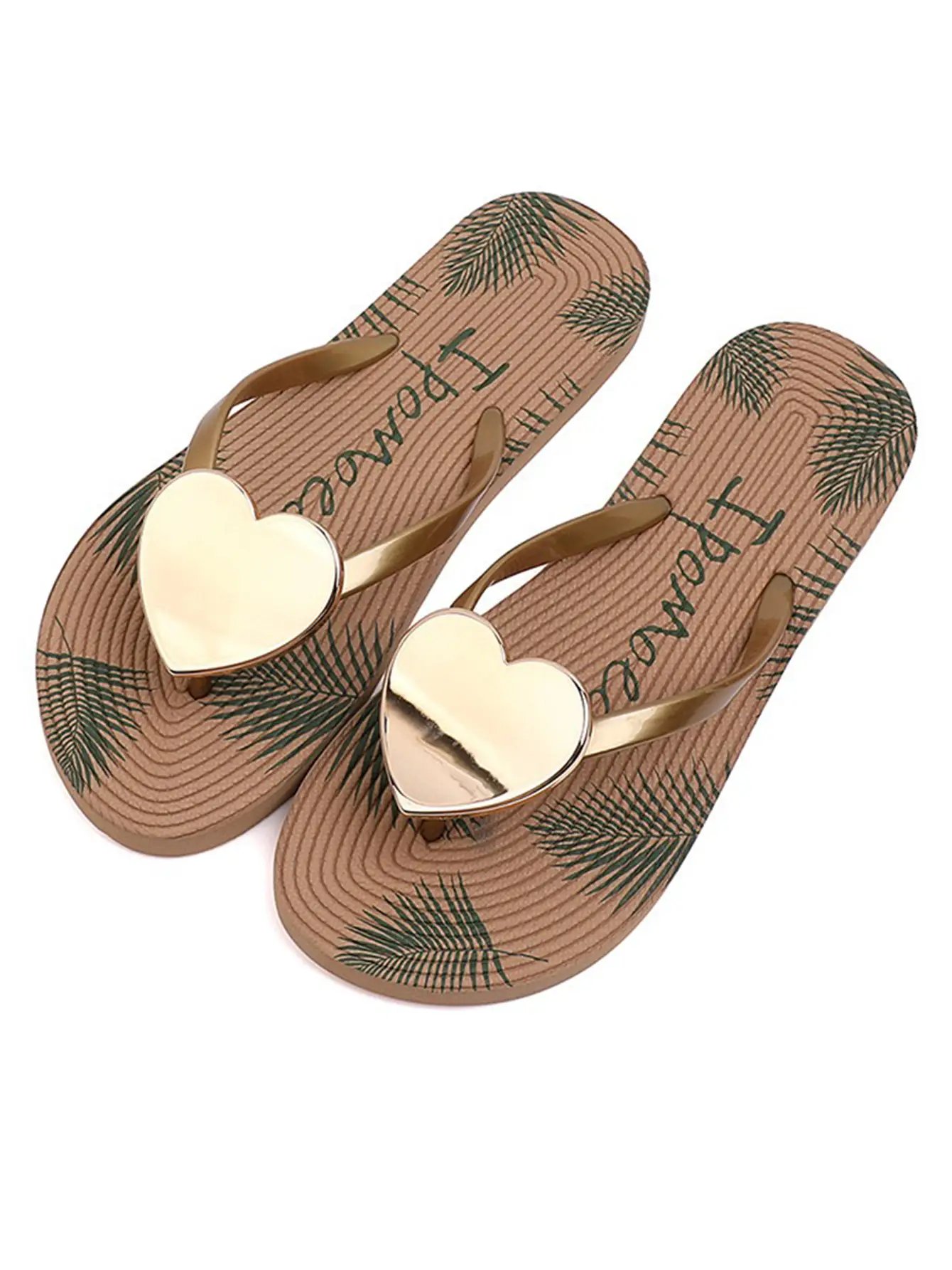 Multi-Color Graphic Print Hear Charm Flip-Flops
