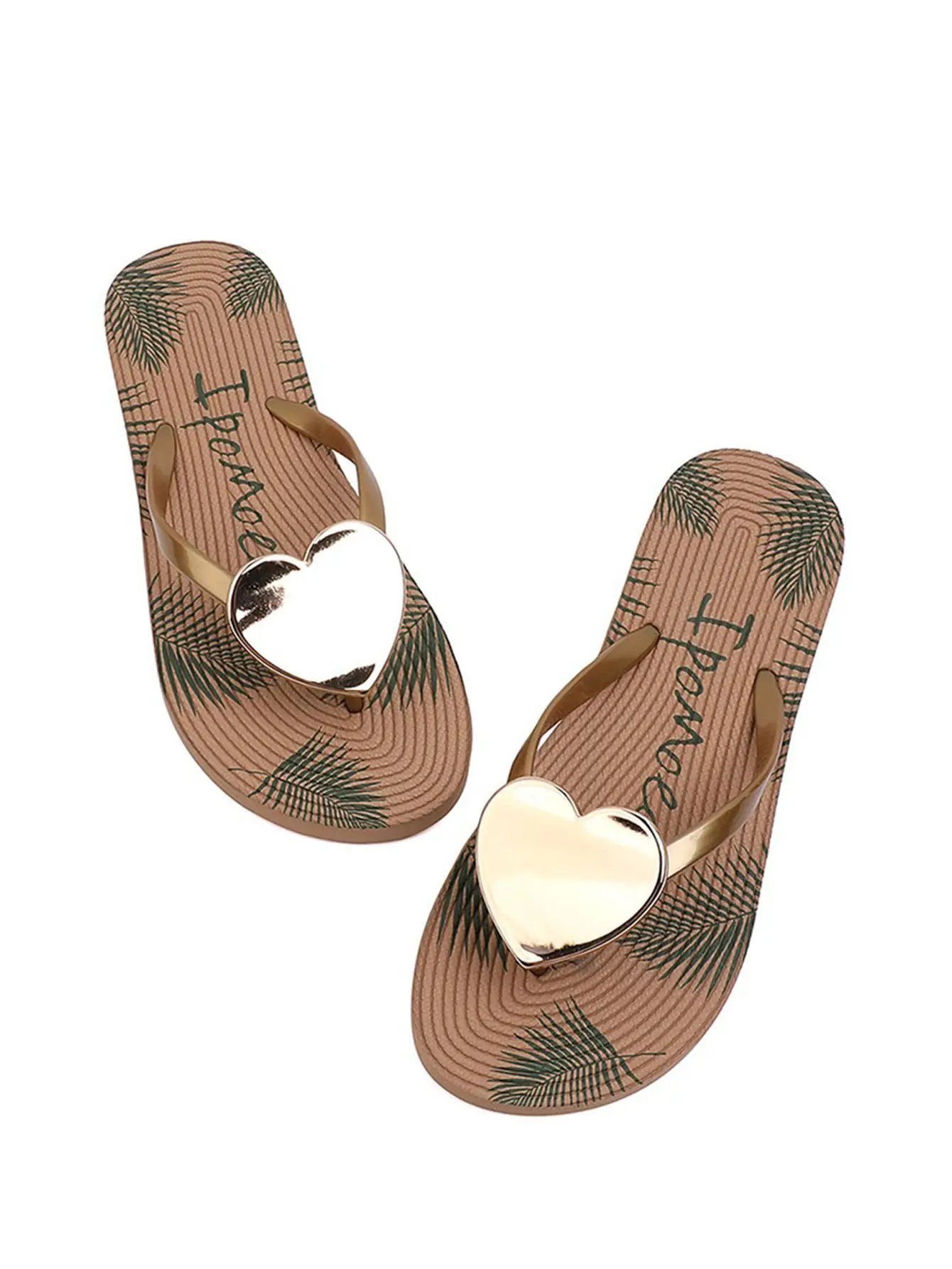 Multi-Color Graphic Print Hear Charm Flip-Flops