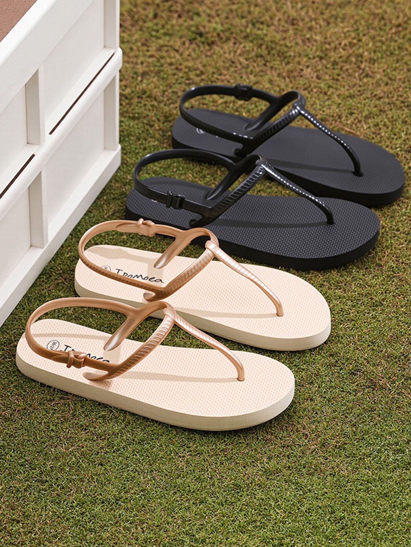 Beige Buckle Closure Flip Flops