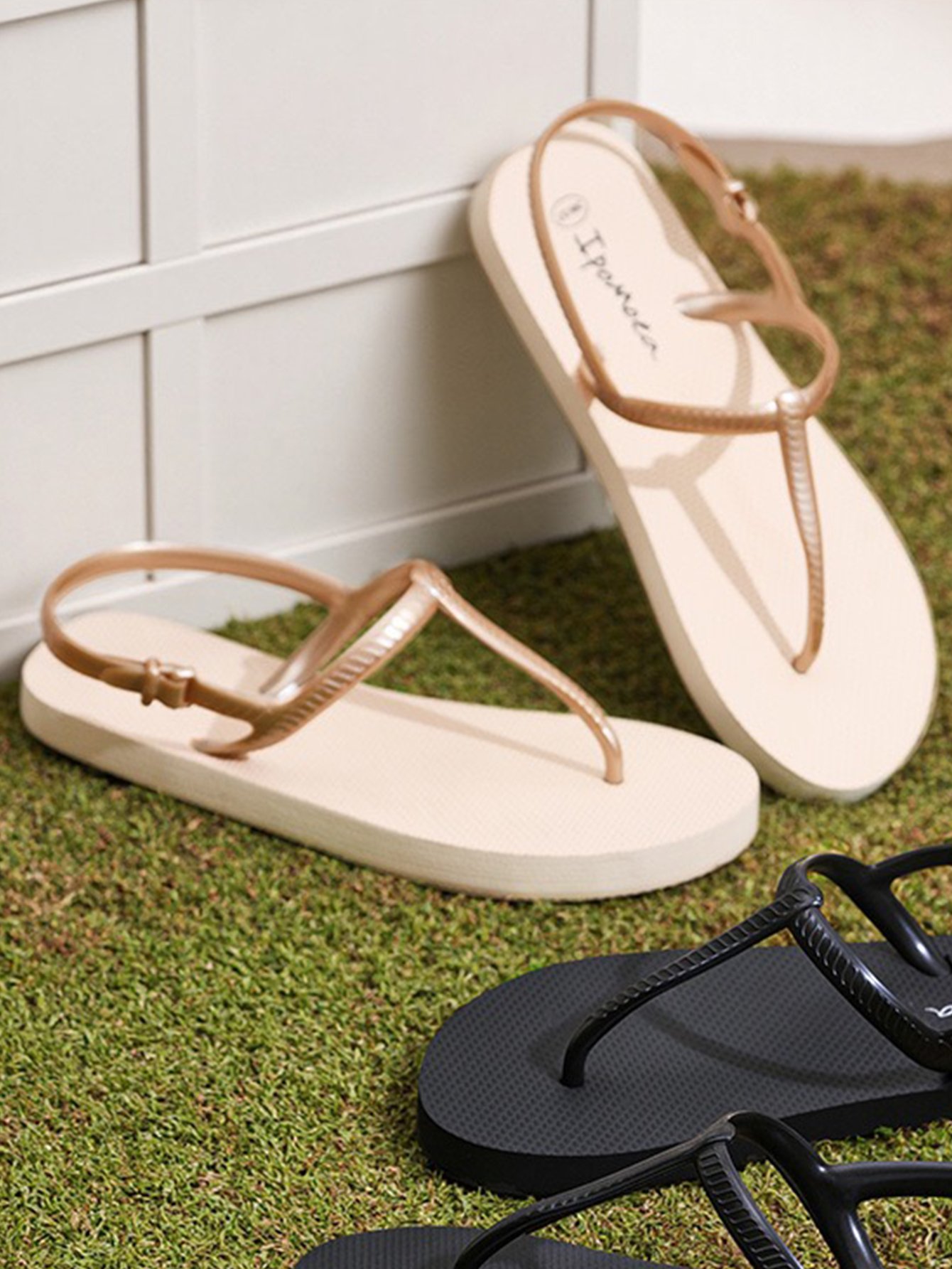 Beige Buckle Closure Flip Flops