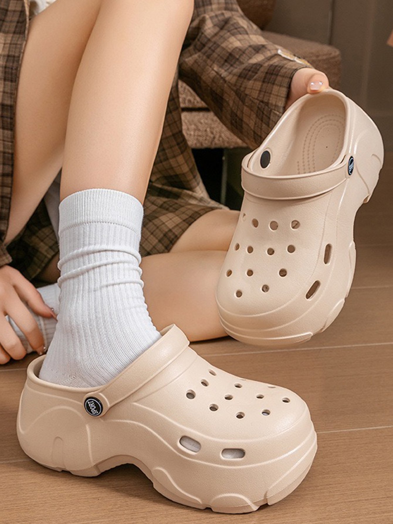 Beige Platform Comfort Clogs