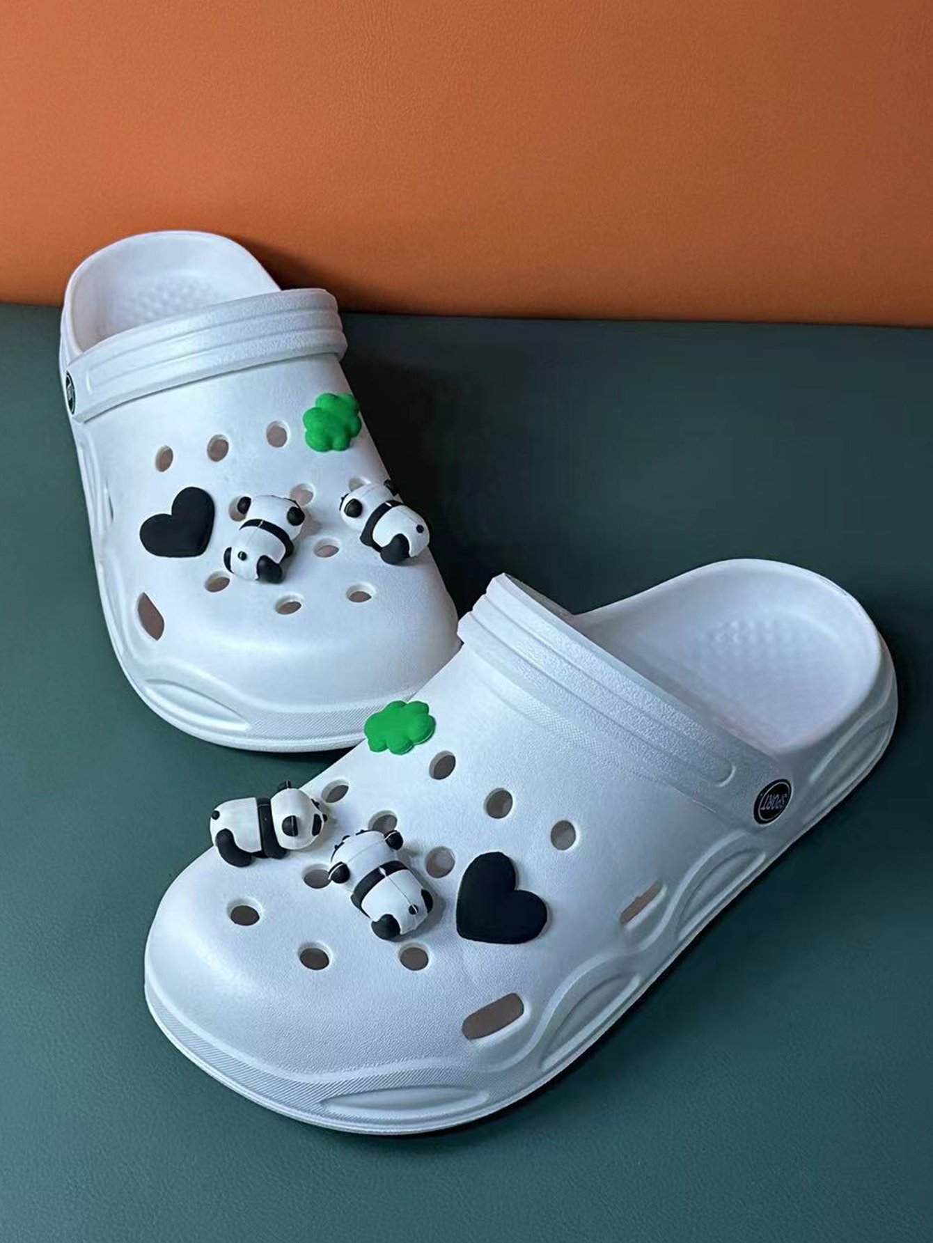 White Flat Comfort Clogs with Panda Charms