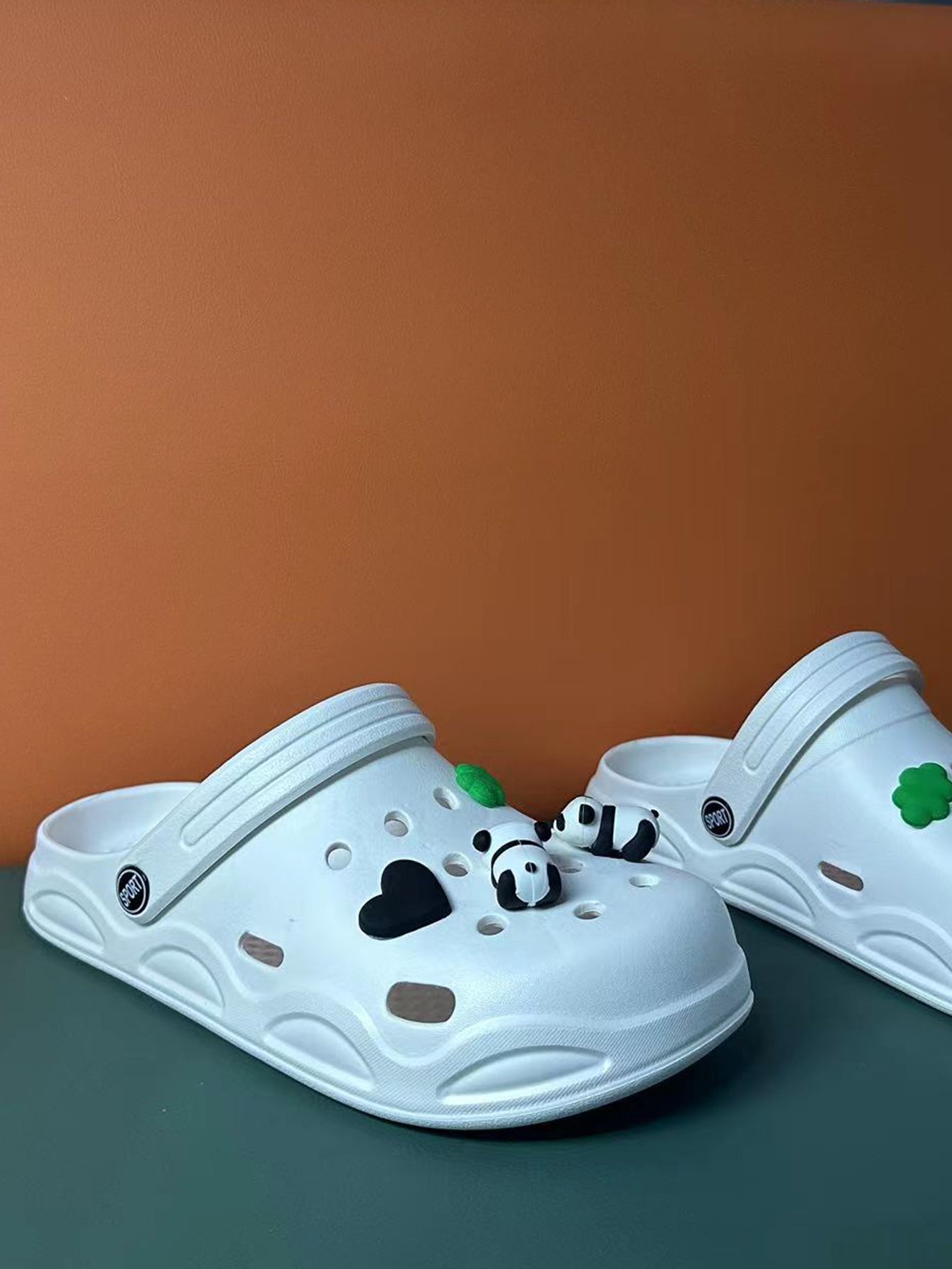 White Flat Comfort Clogs with Panda Charms