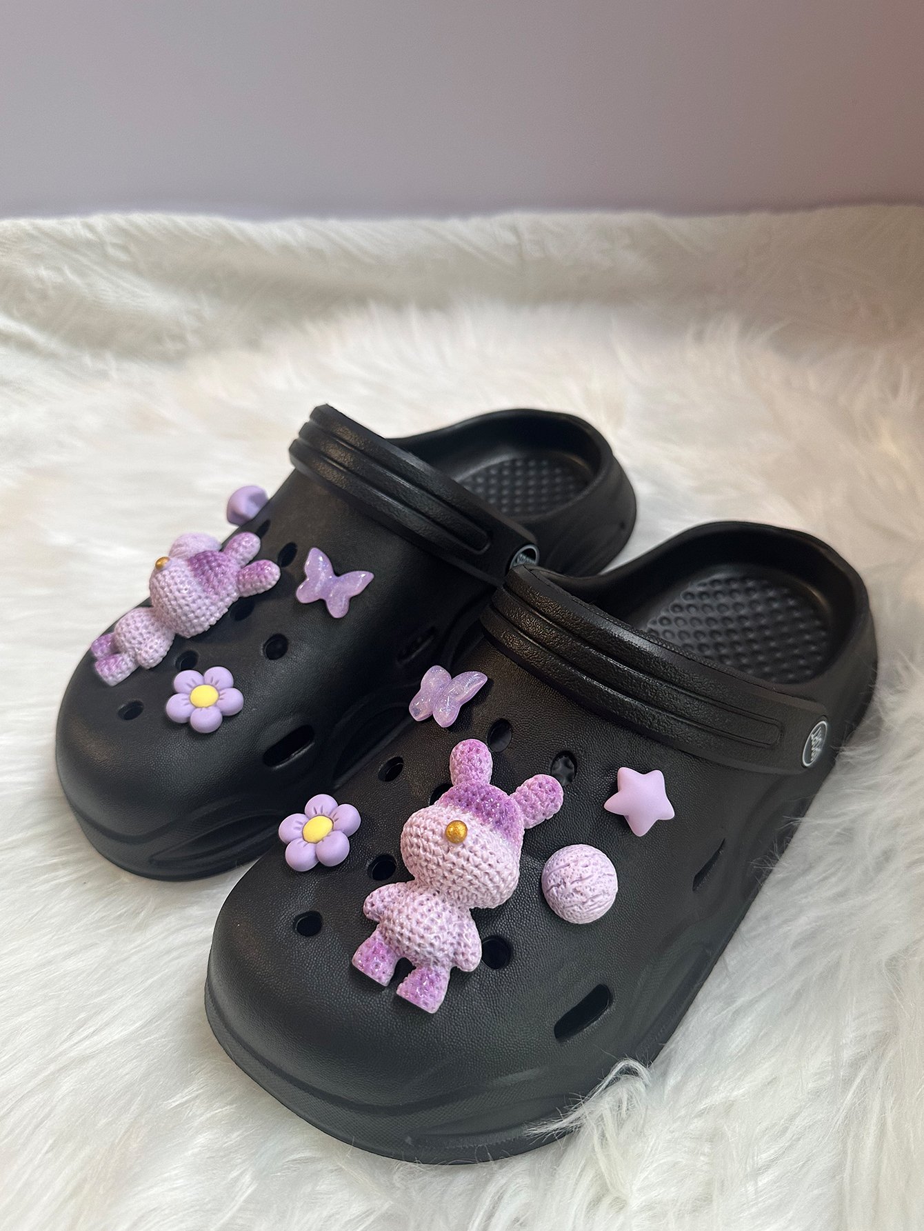 Black Comfort Clogs with Charm Embellishments