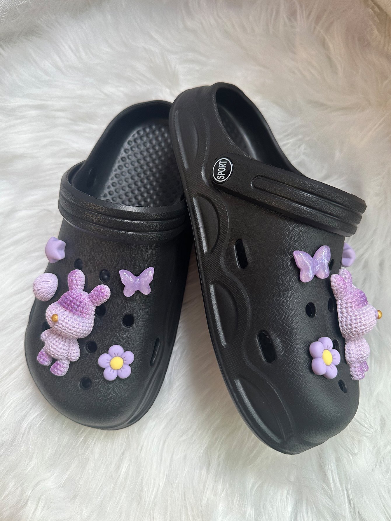 Black Comfort Clogs with Charm Embellishments