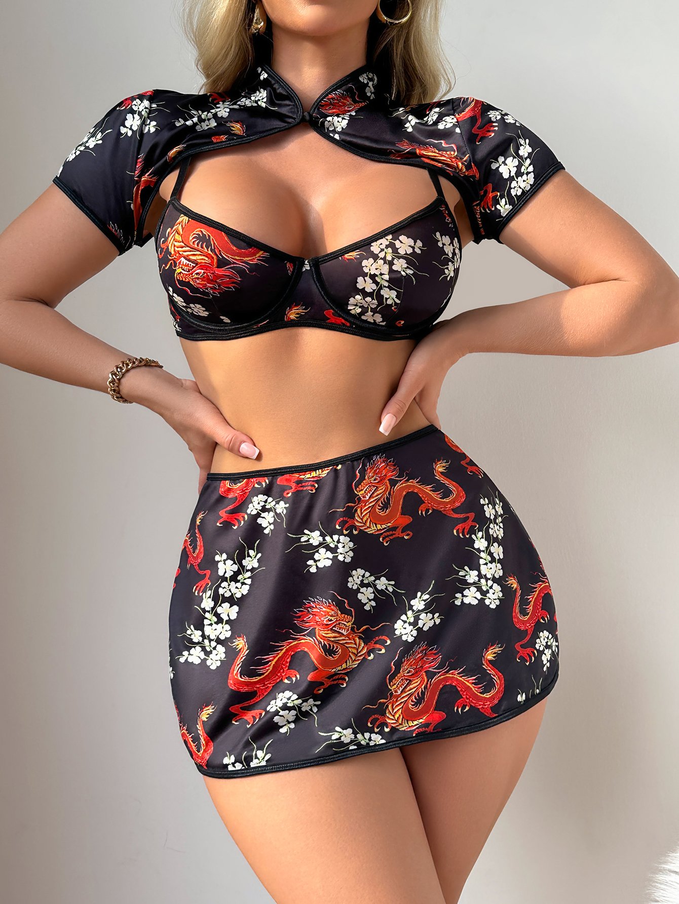 Black Dragon Lace Shoulder Collar Bra, Skirt and Thong Lingerie Set