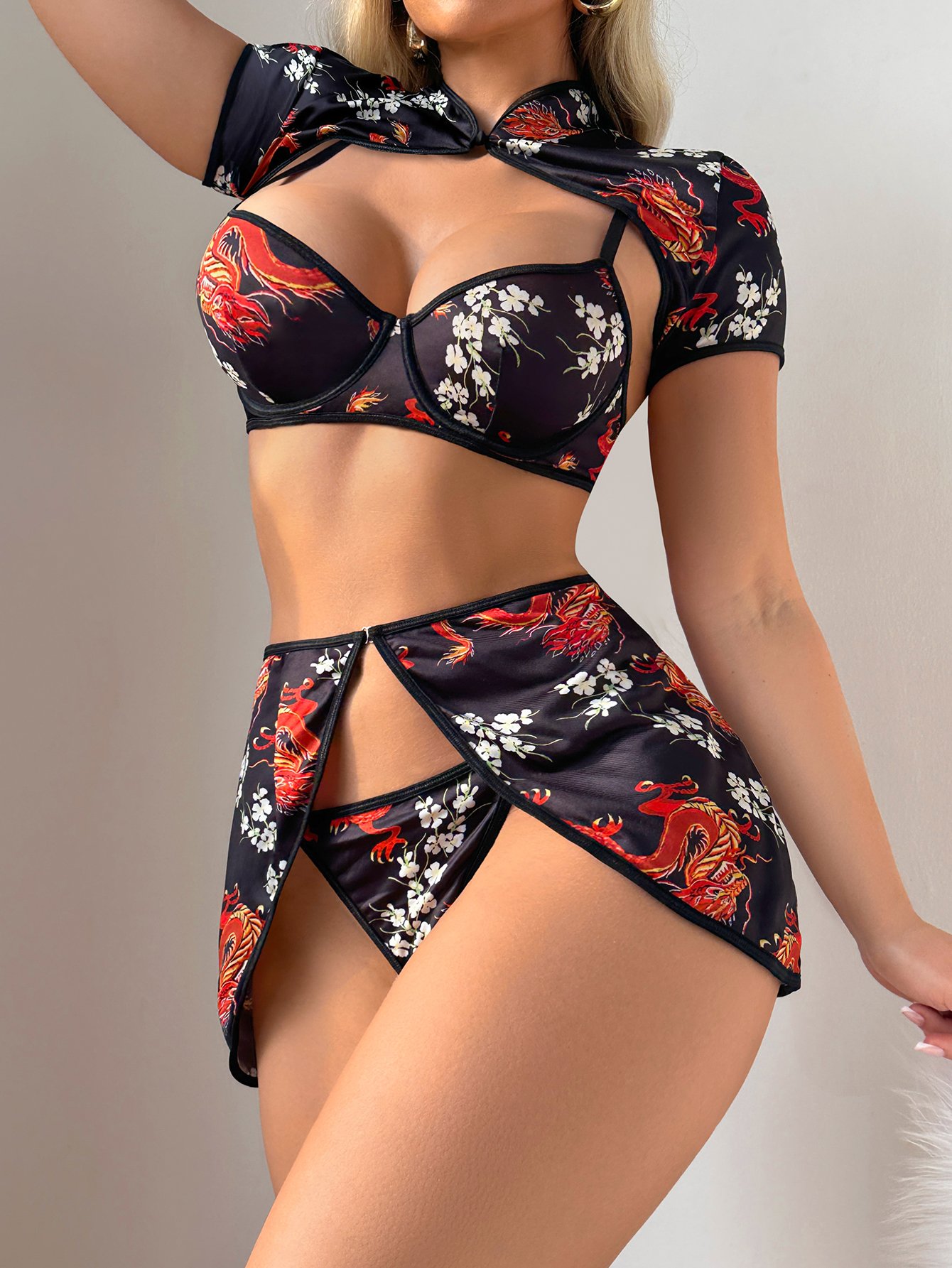 Black Dragon Lace Shoulder Collar Bra, Skirt and Thong Lingerie Set