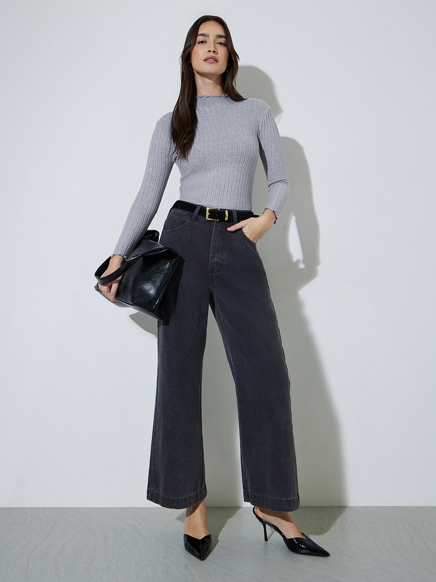 Grey Solid High Neck Ribbed Sweater