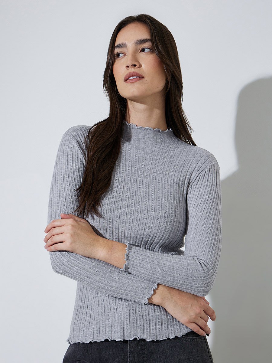 Grey Solid High Neck Ribbed Sweater