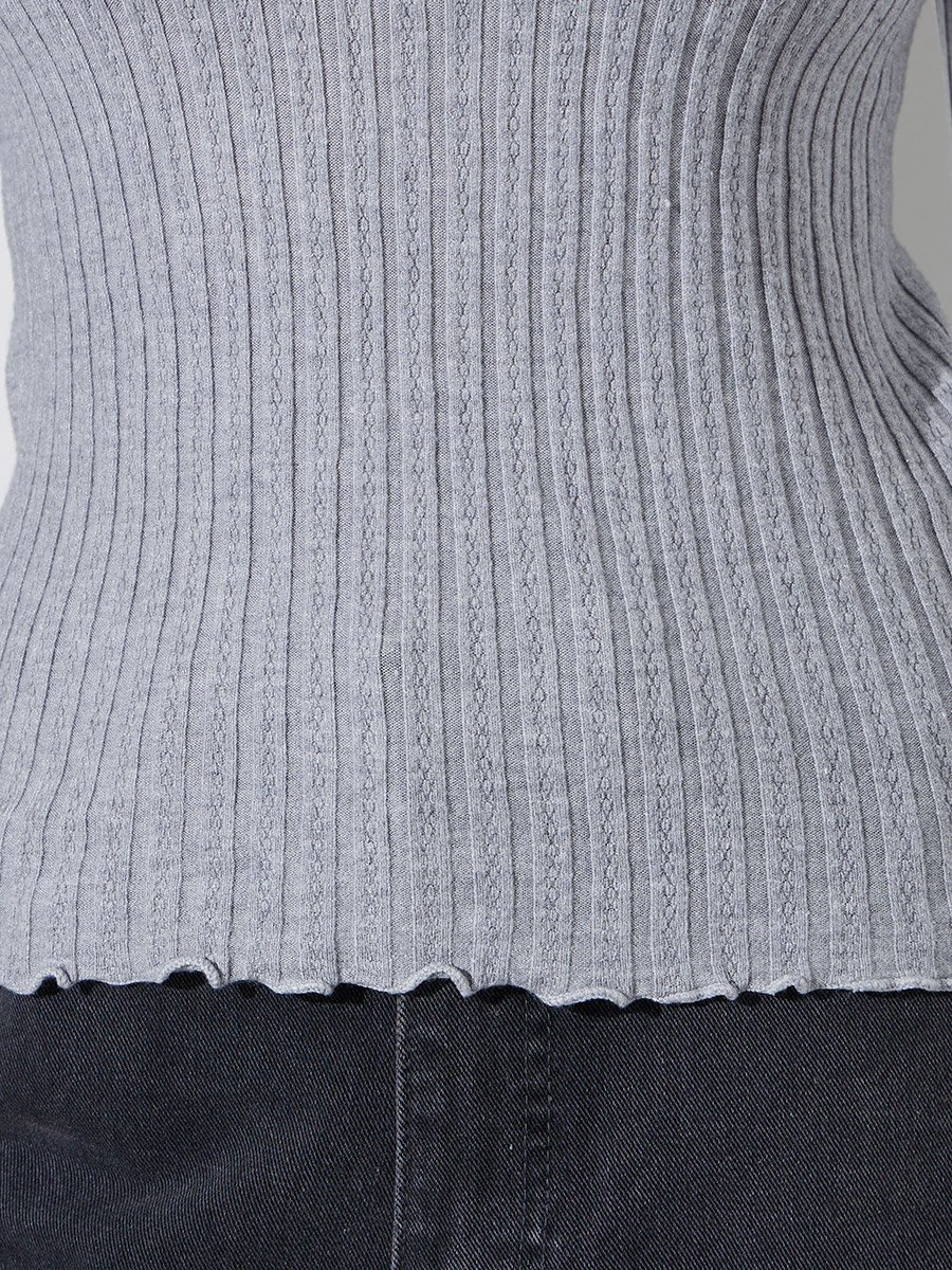 Grey Solid High Neck Ribbed Sweater