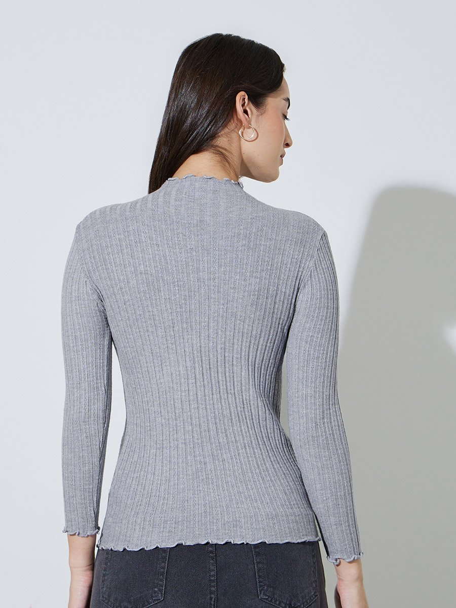 Grey Solid High Neck Ribbed Sweater