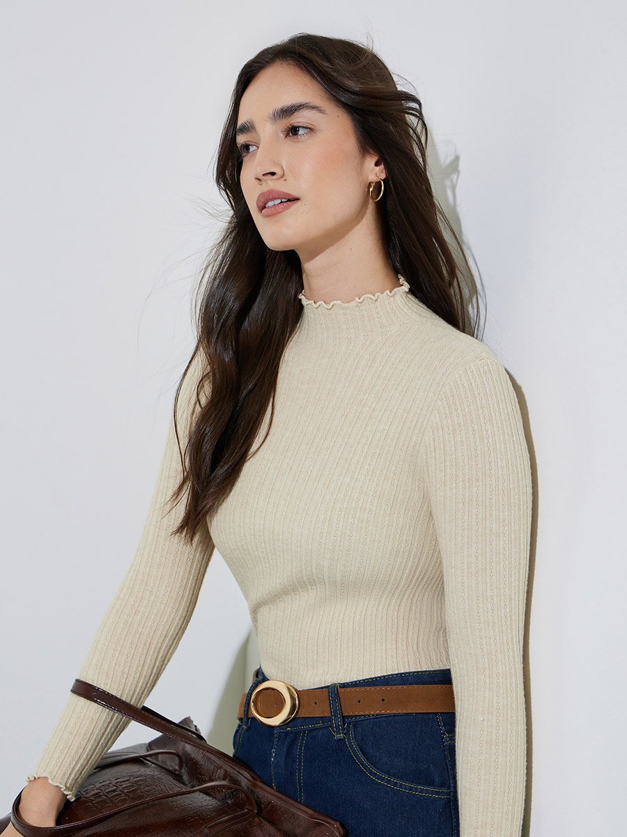 Off White Solid High Neck Ribbed Sweater