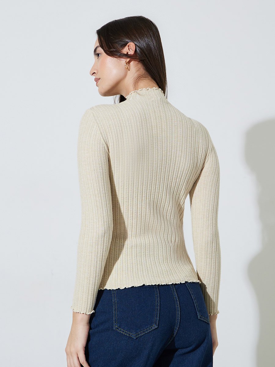 Off White Solid High Neck Ribbed Sweater