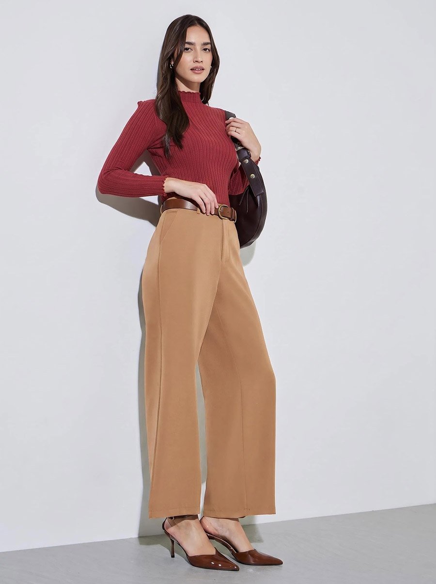 Red Solid High Neck Ribbed Sweater