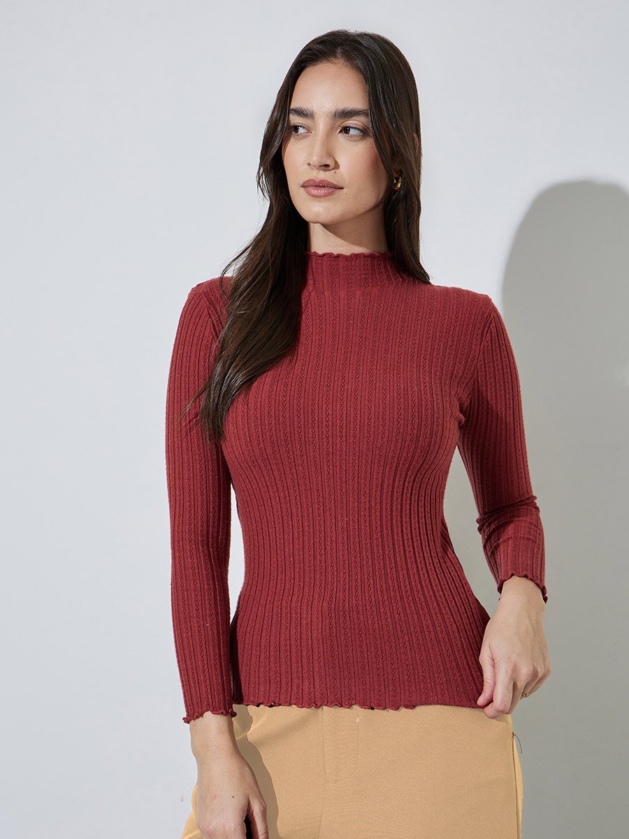 Red Solid High Neck Ribbed Sweater