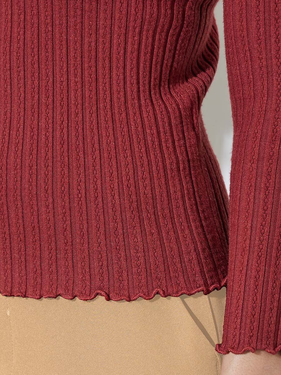 Red Solid High Neck Ribbed Sweater