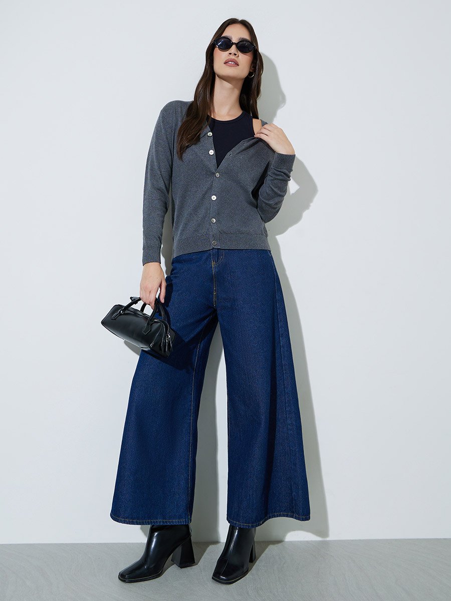 Charcoal Solid Button Down Regular Fit Cardigan
