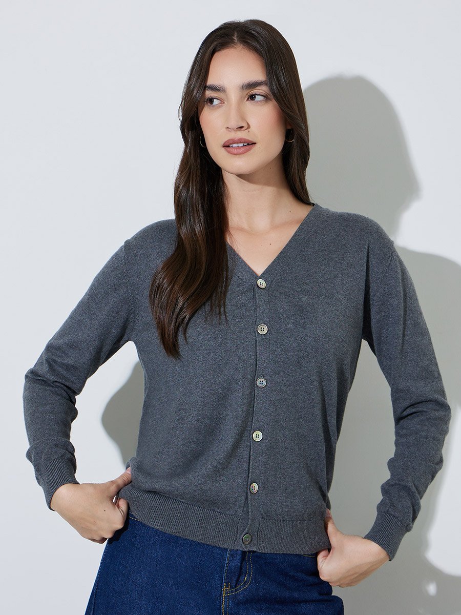 Charcoal Solid Button Down Regular Fit Cardigan