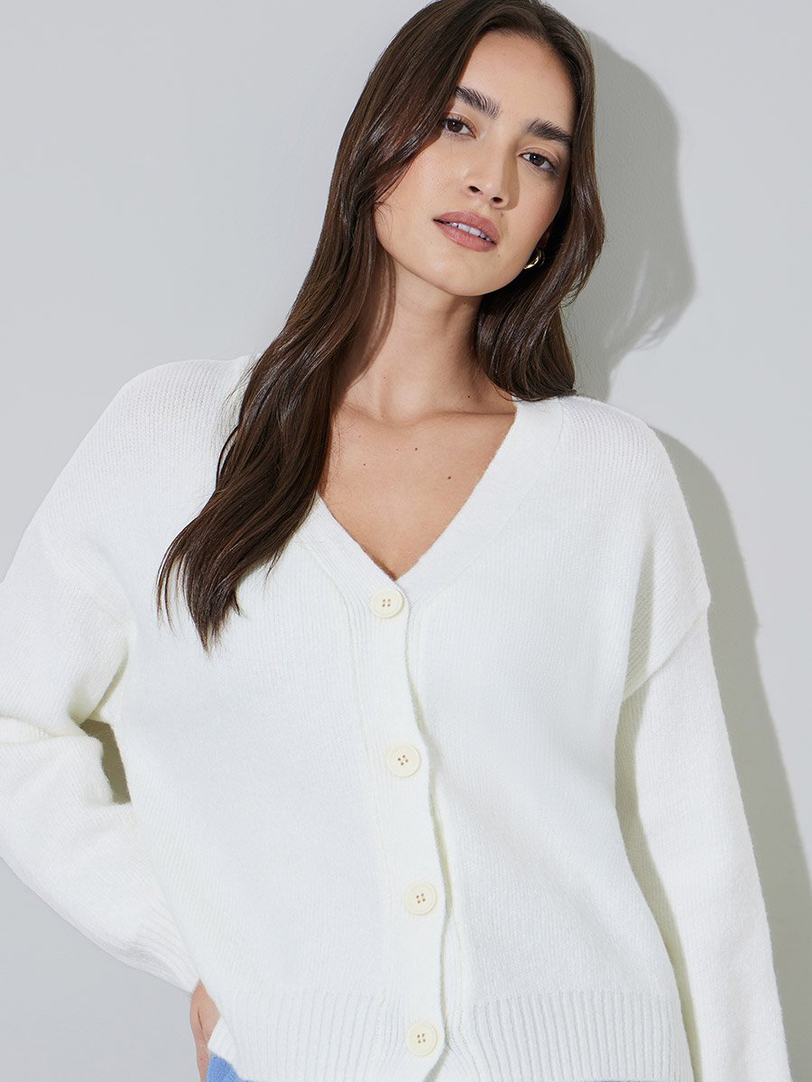 Off White Solid Button Down Cardigan