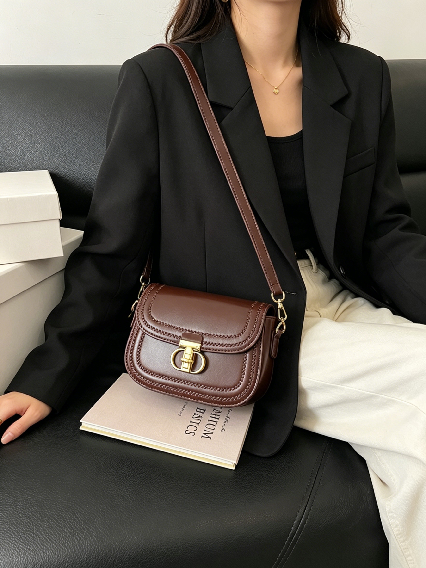 Coffee Brown Leather Shoulder Bag