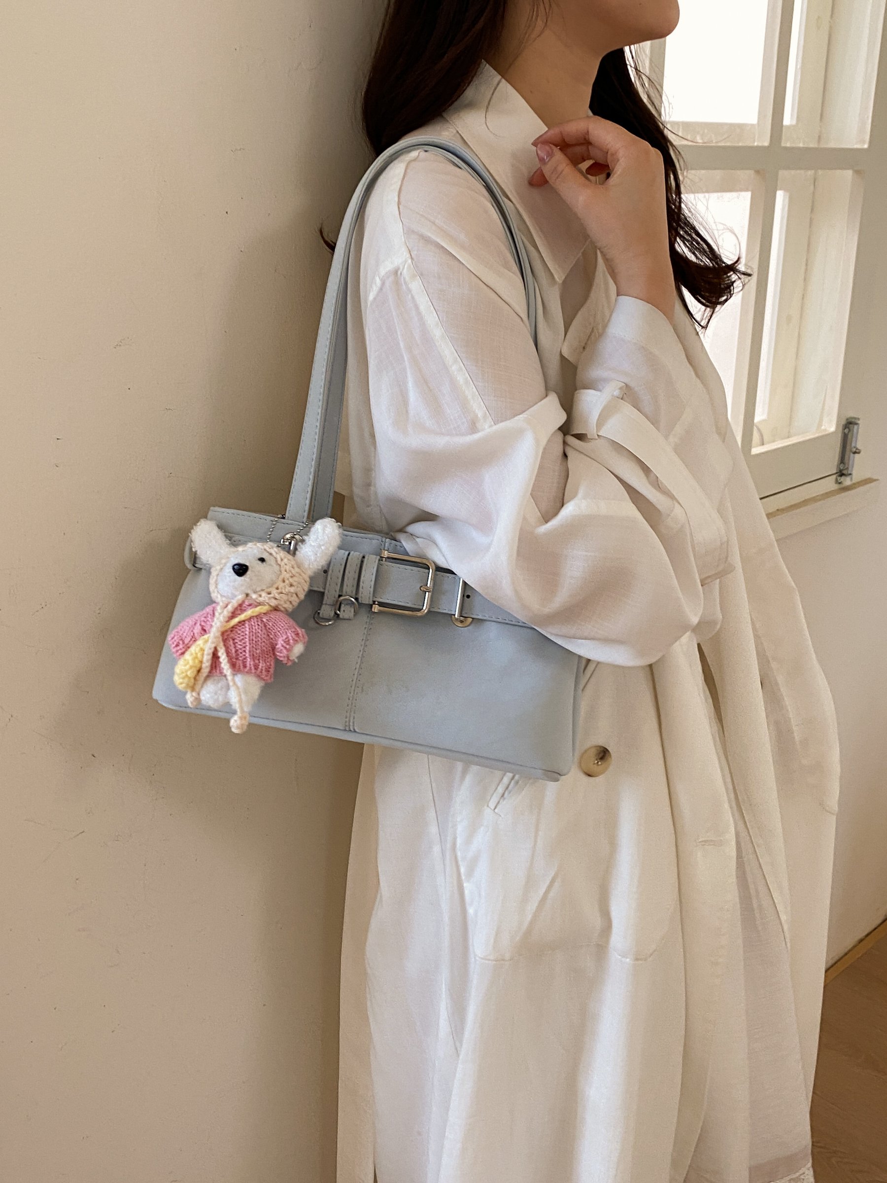 Sky Blue Buckle Shoulder Bag with Pendant Charm