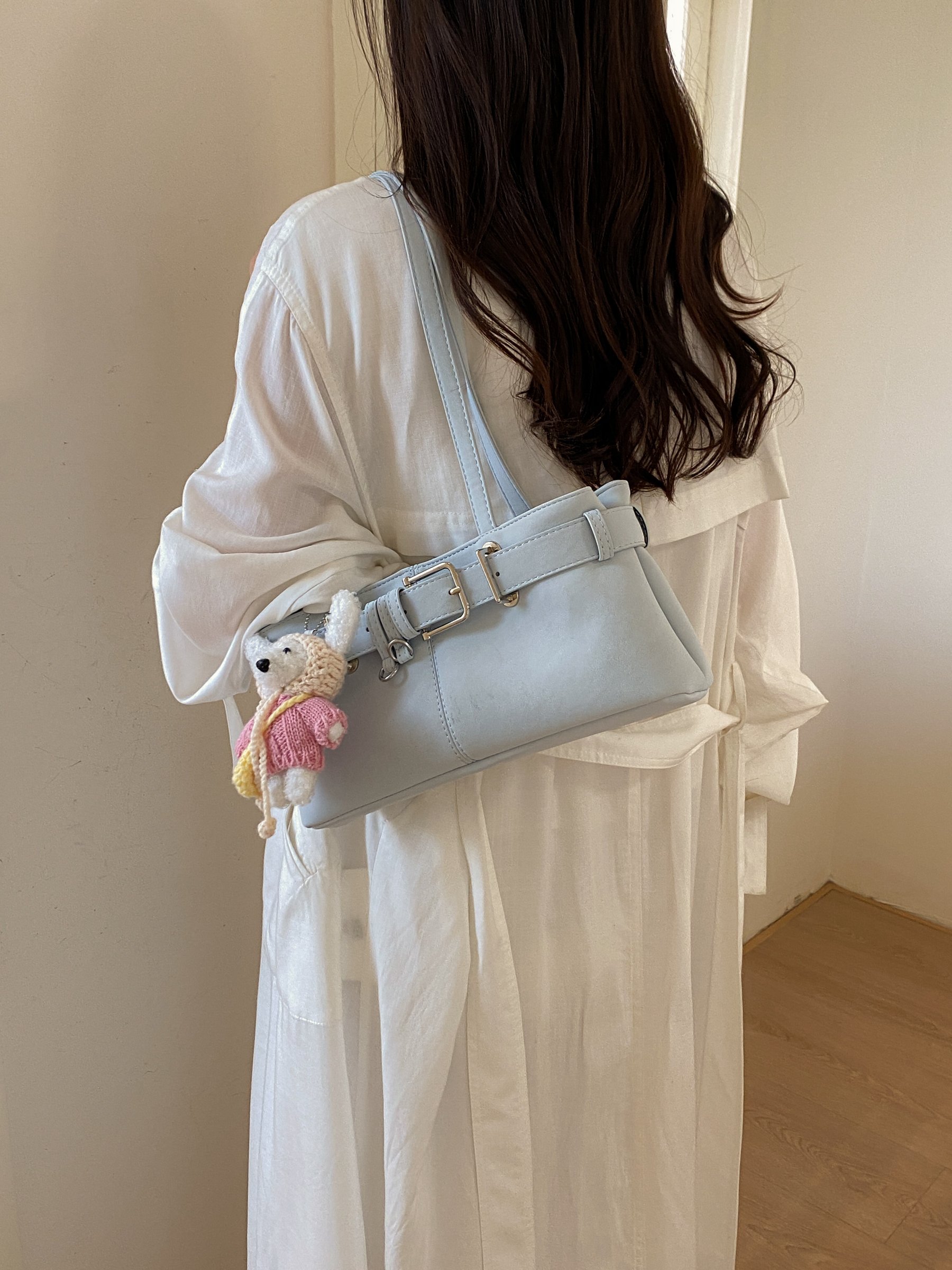 Sky Blue Buckle Shoulder Bag with Pendant Charm
