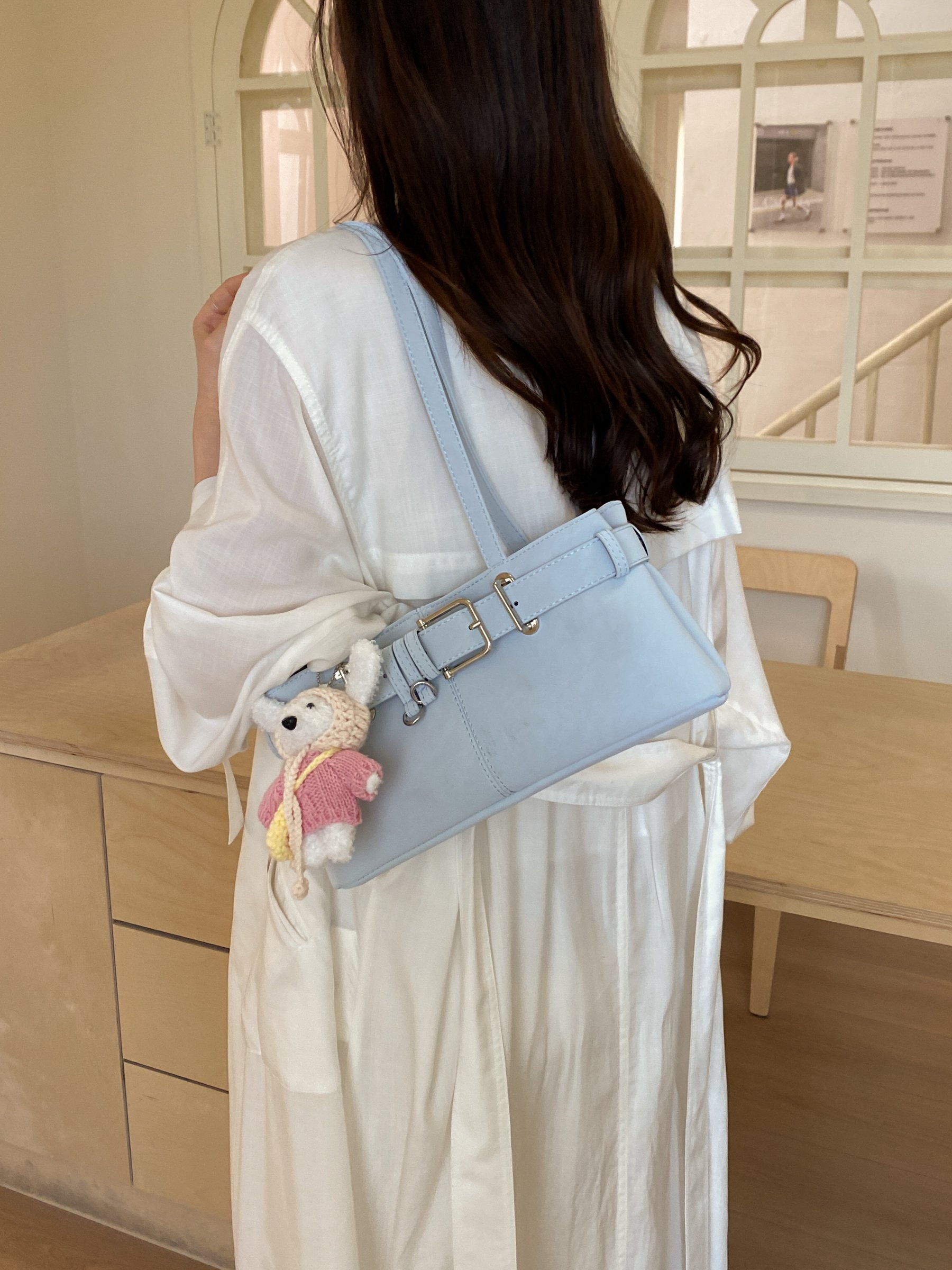 Sky Blue Buckle Shoulder Bag with Pendant Charm