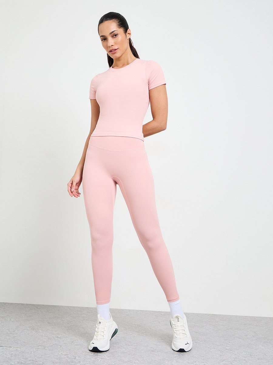 Pink Solid Yoga Top and Leggings Set