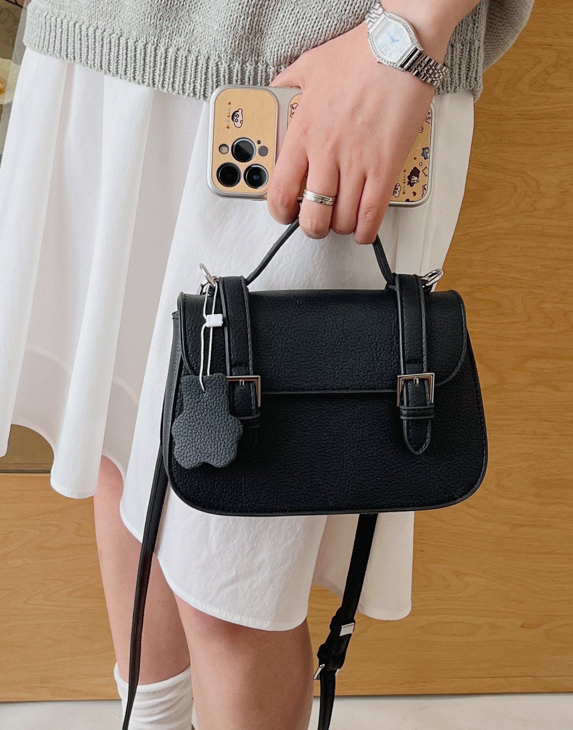 Black Shoulder Bag with Pendant Charm