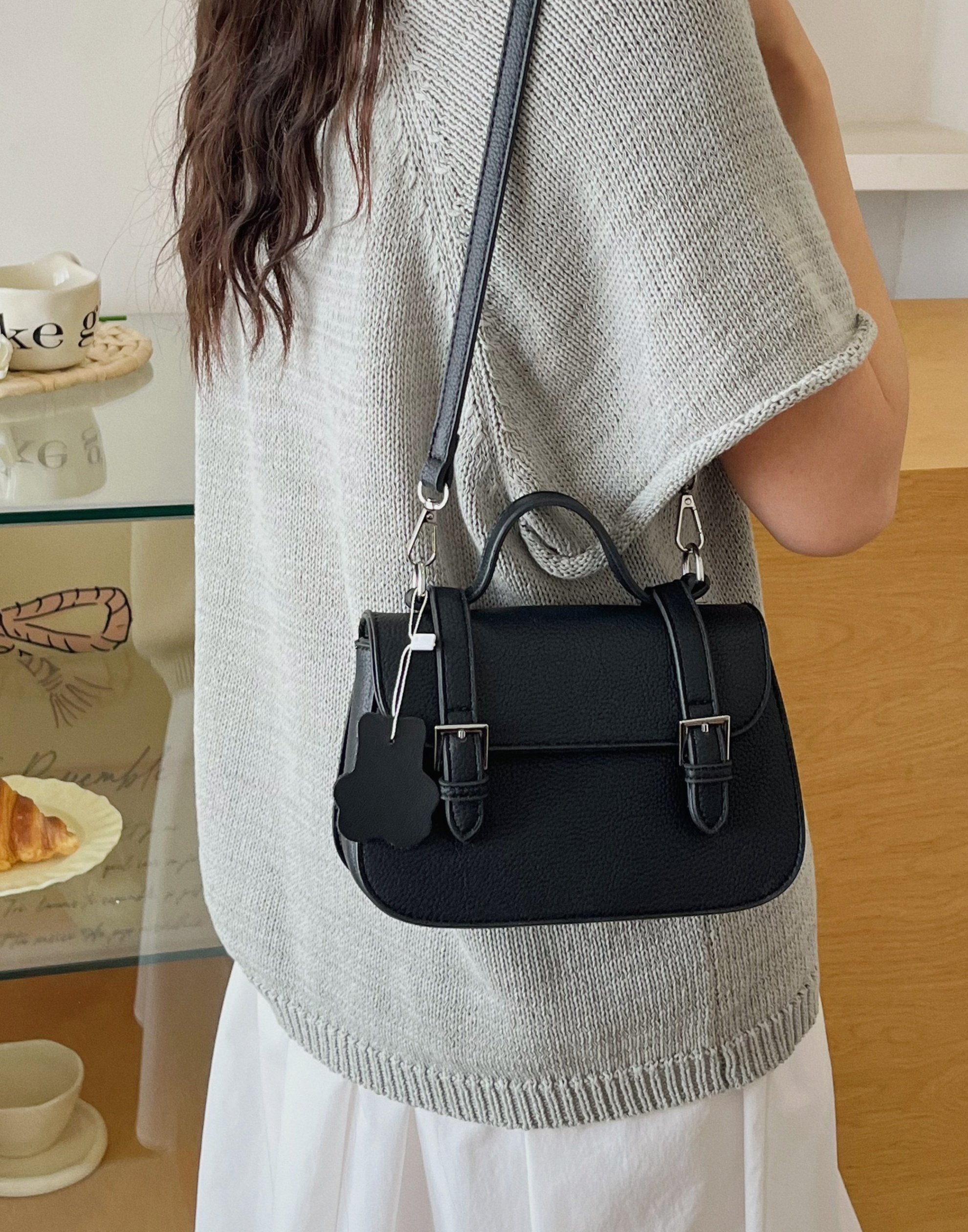 Black Shoulder Bag with Pendant Charm