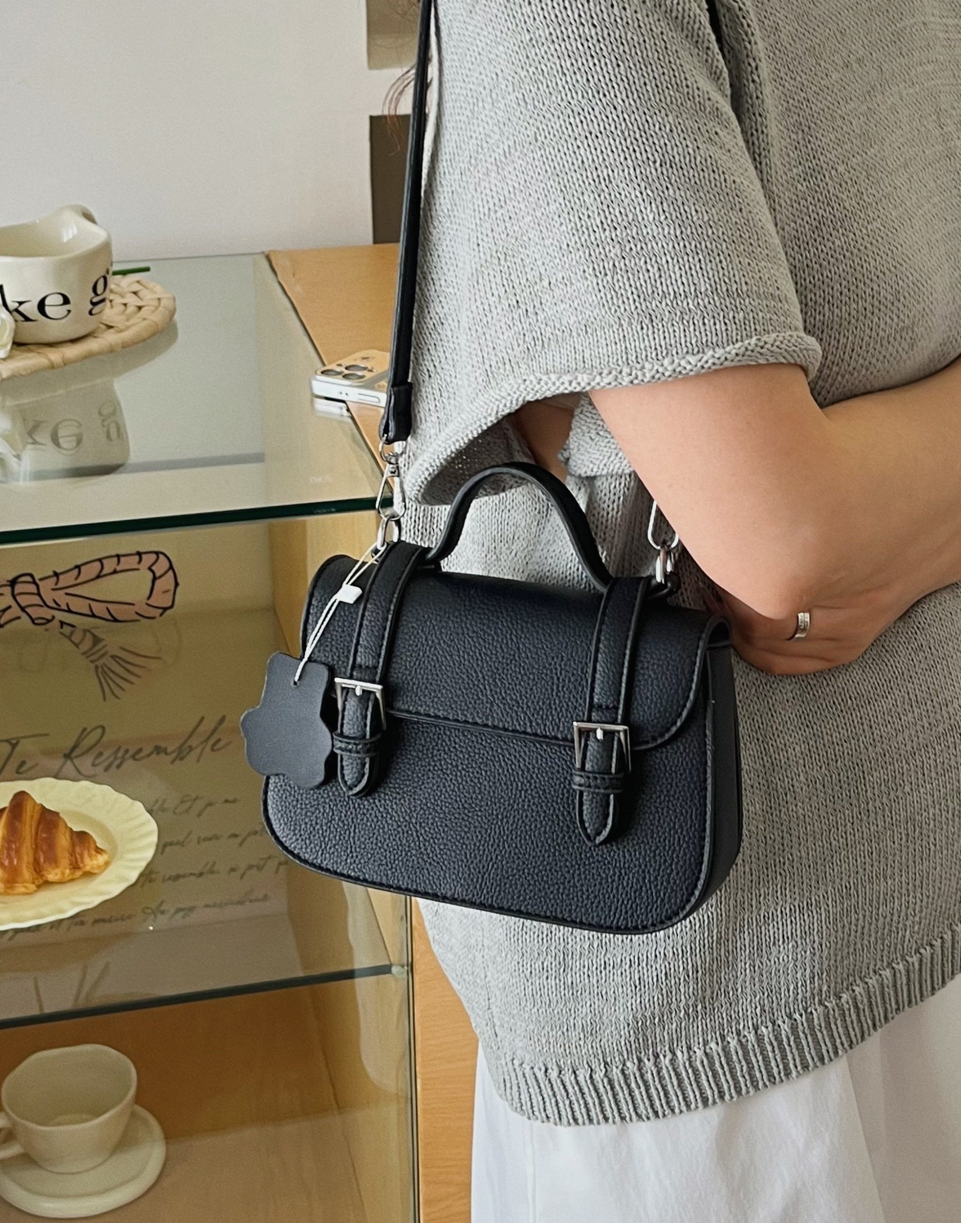 Black Shoulder Bag with Pendant Charm