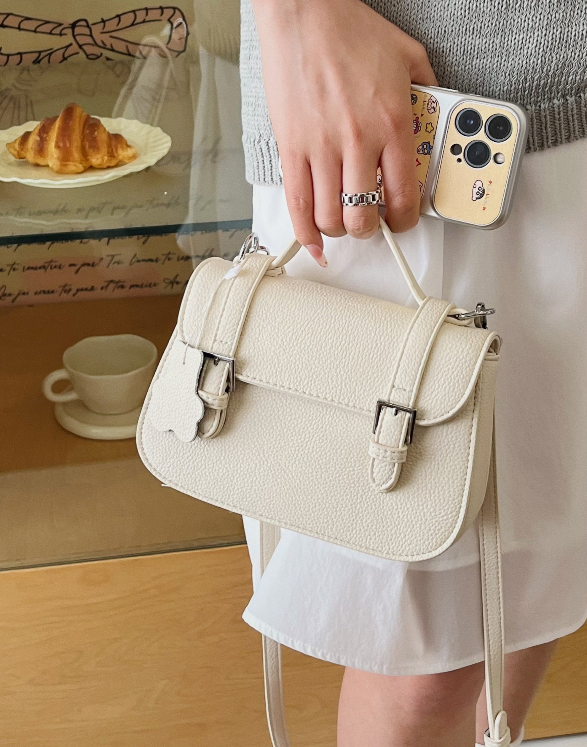 White Shoulder Bag with Pendant Charm