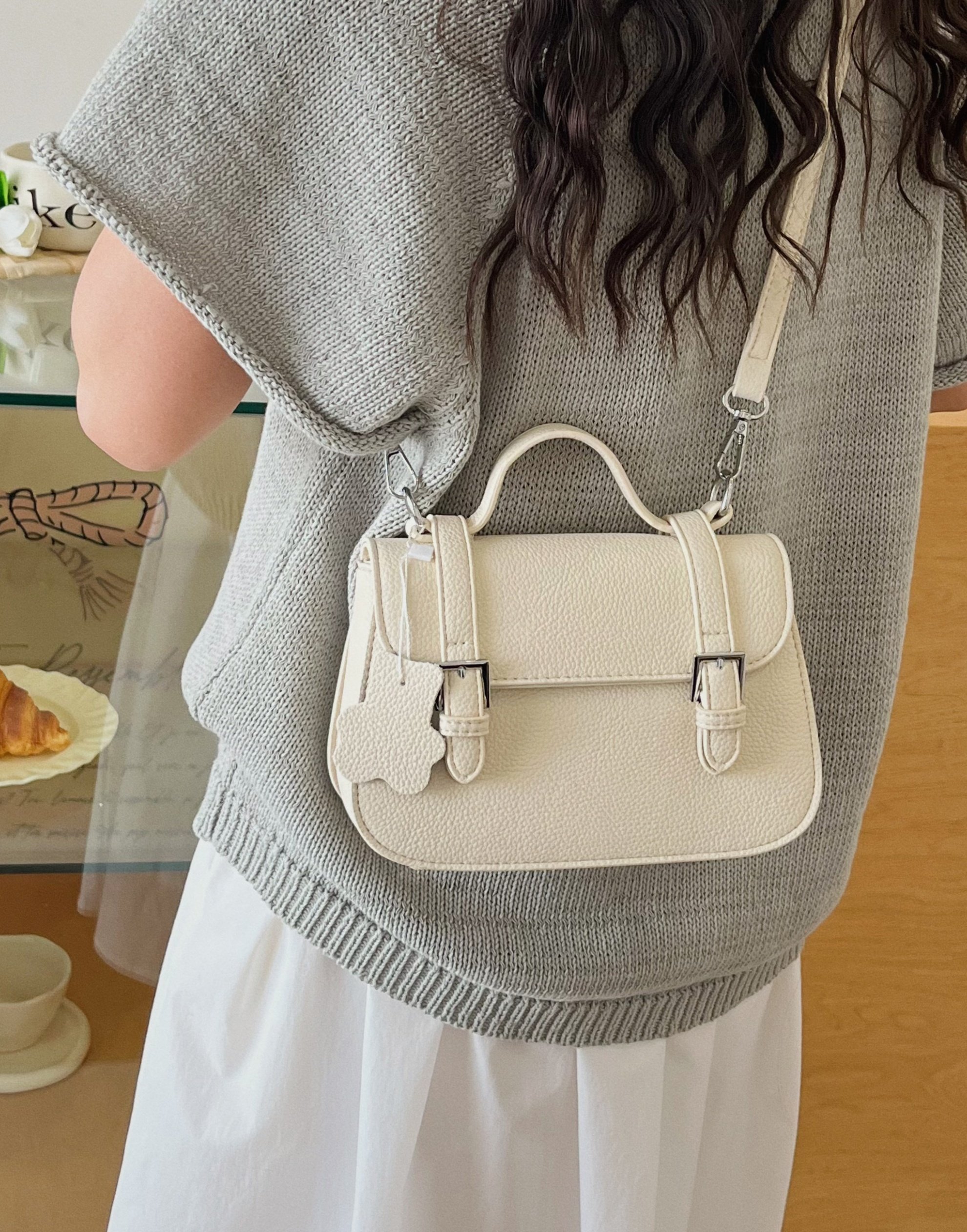 White Shoulder Bag with Pendant Charm