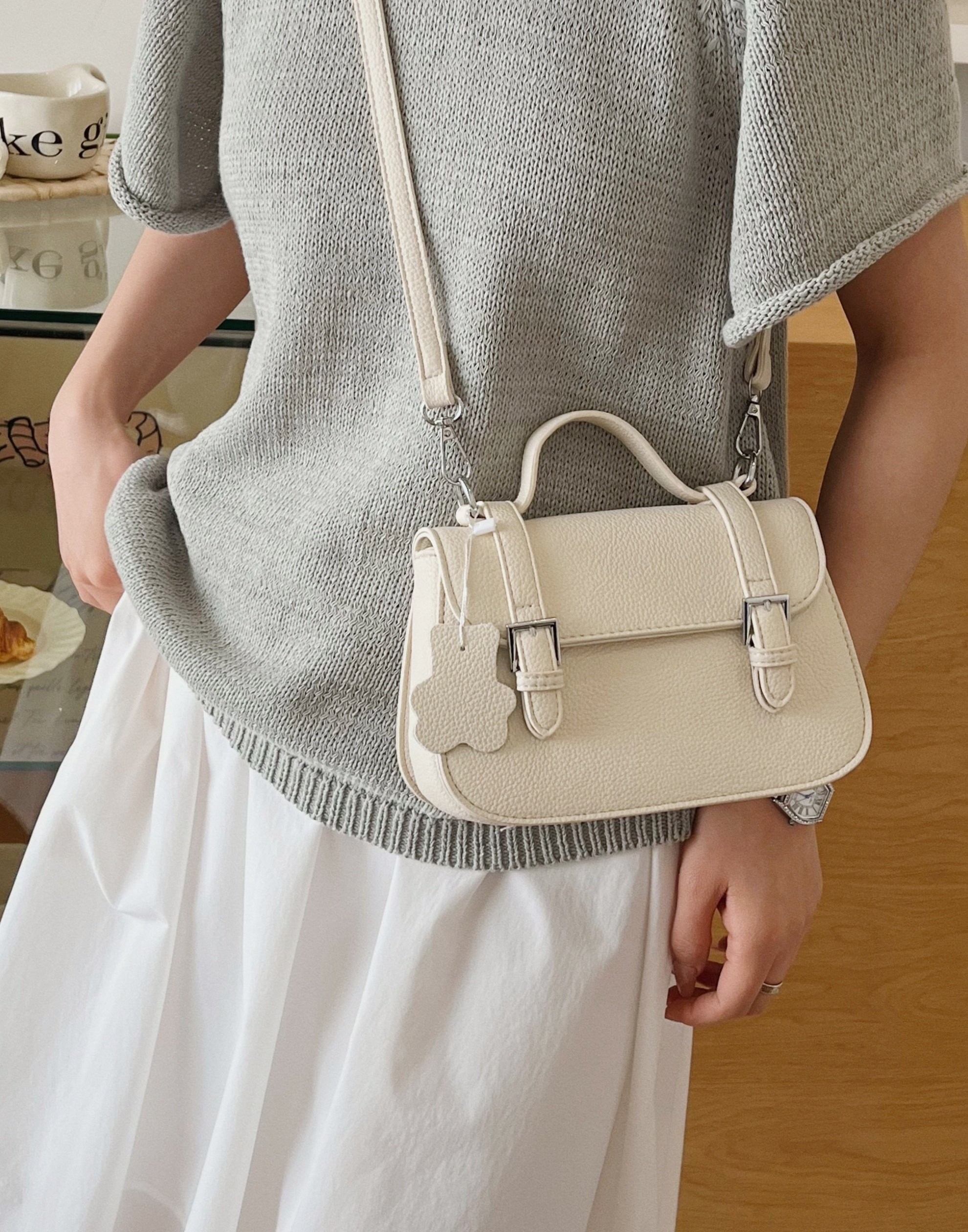 White Shoulder Bag with Pendant Charm