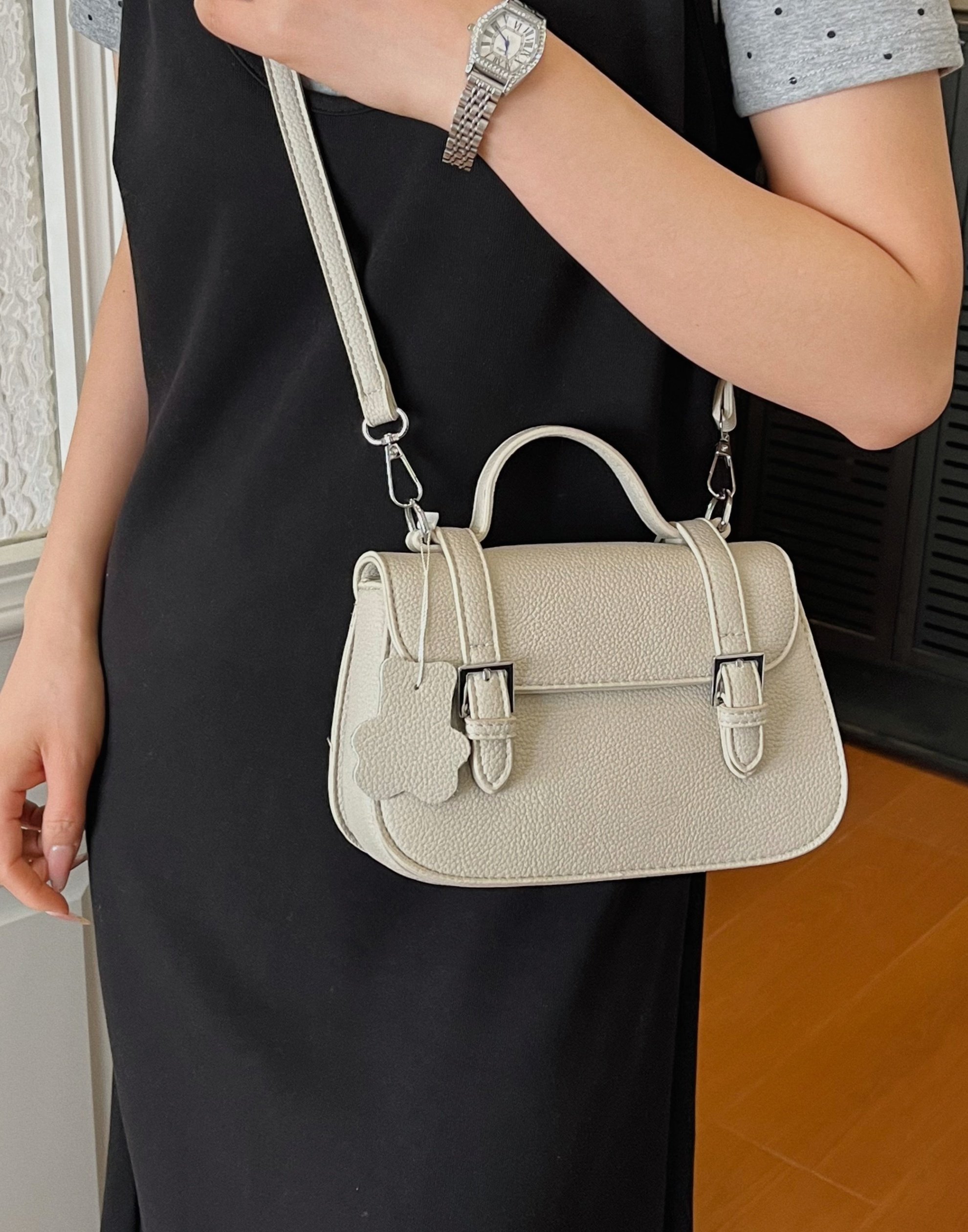 Grey Shoulder Bag with Pendant Charm