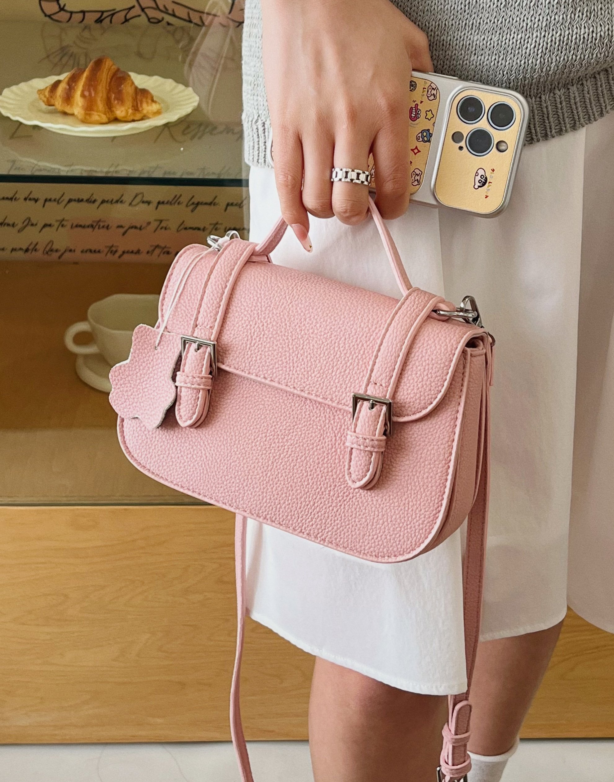 Pink Leather Shoulder Bag with Pendant