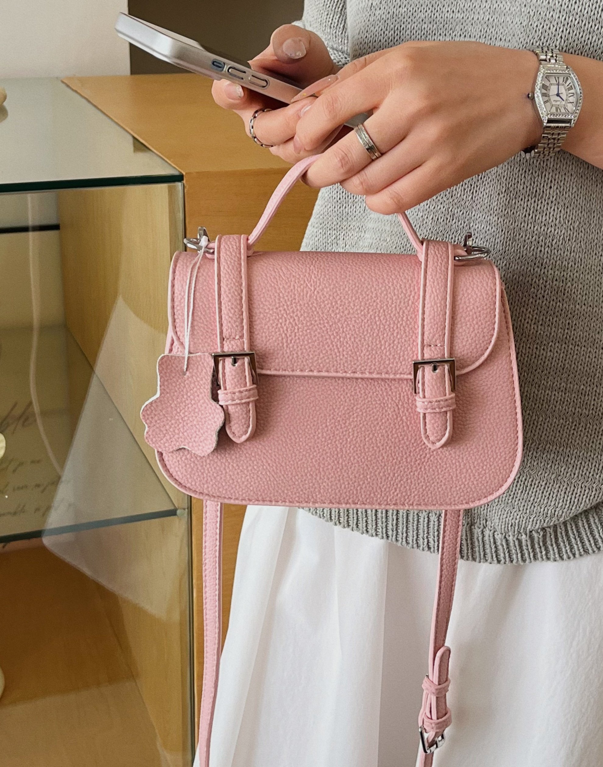 Pink Leather Shoulder Bag with Pendant