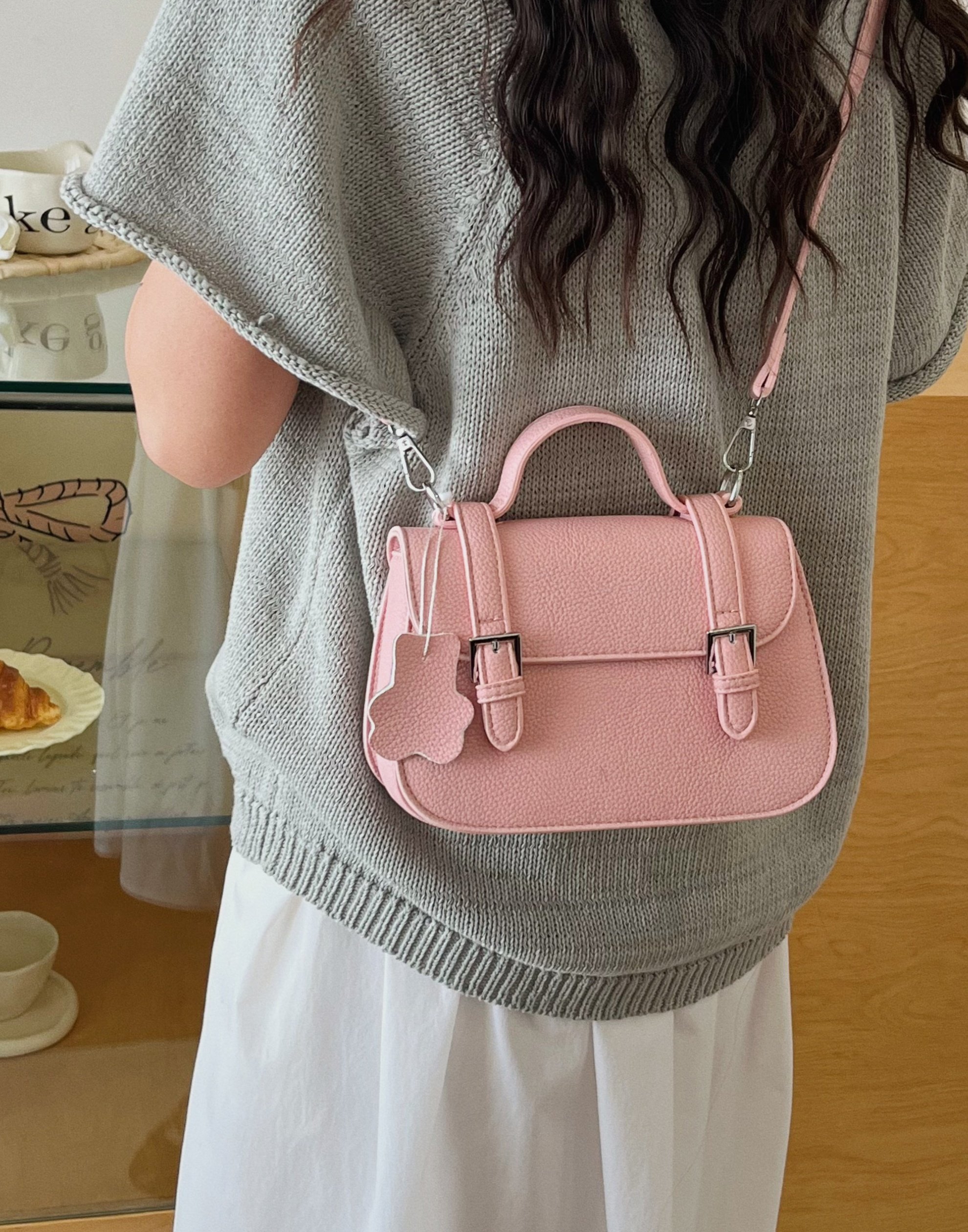 Pink Leather Shoulder Bag with Pendant