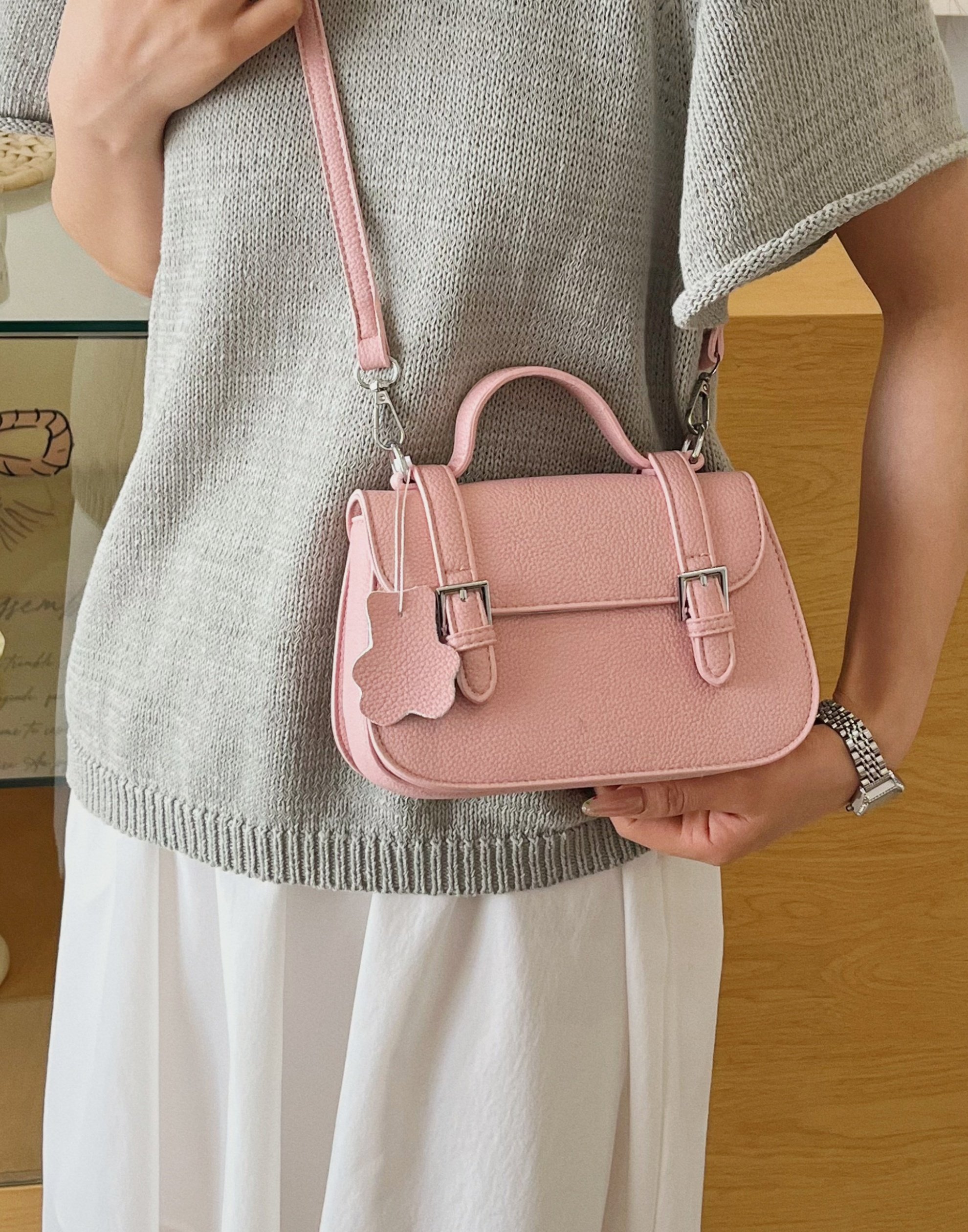 Pink Leather Shoulder Bag with Pendant