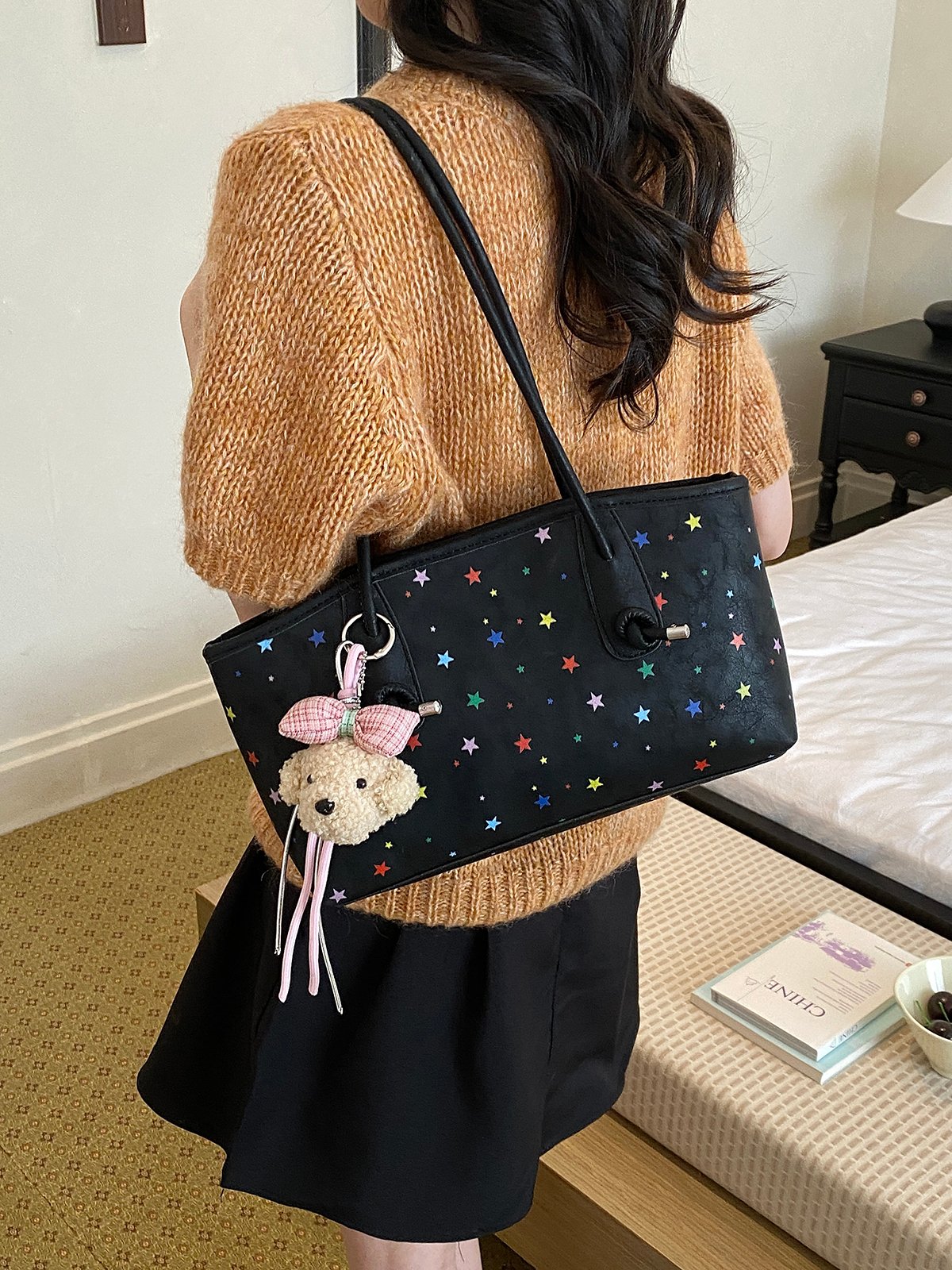 Starry Night Black Shoulder Bag with Charm