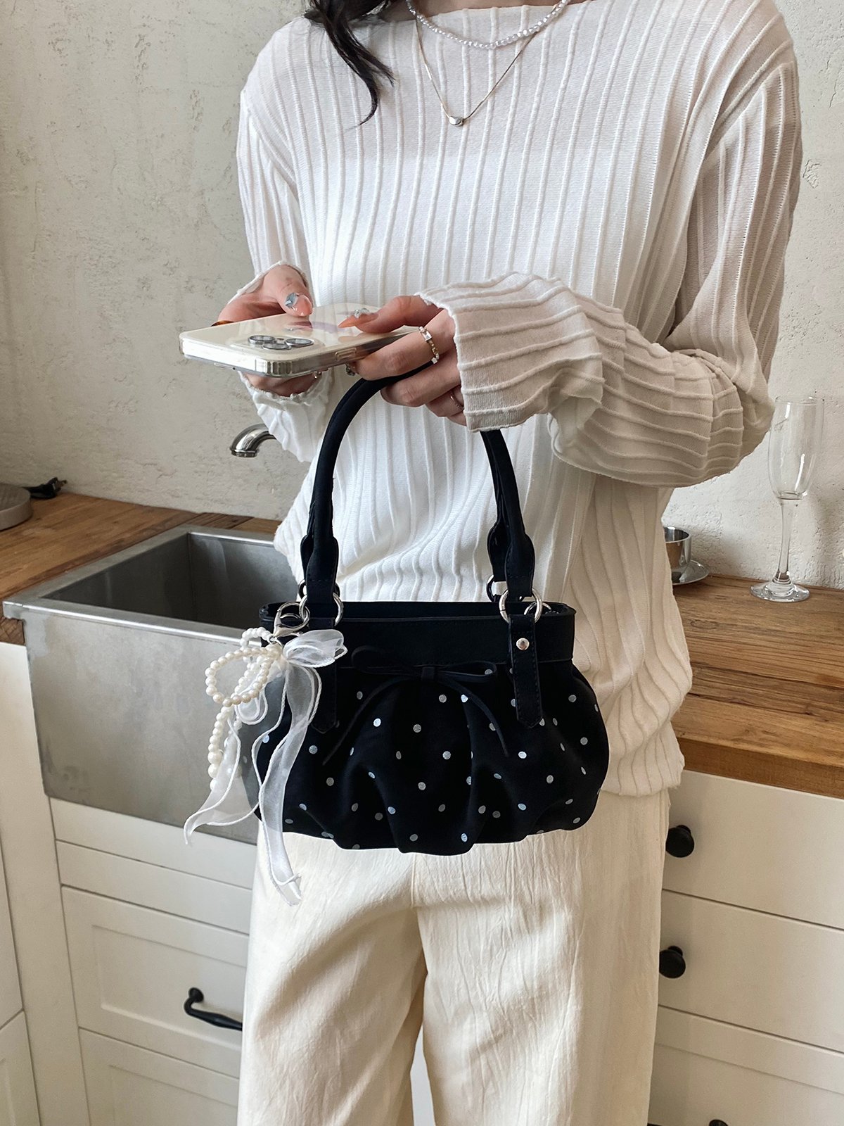 Black Polka Dot Shoulder Bag with Pearl Charm