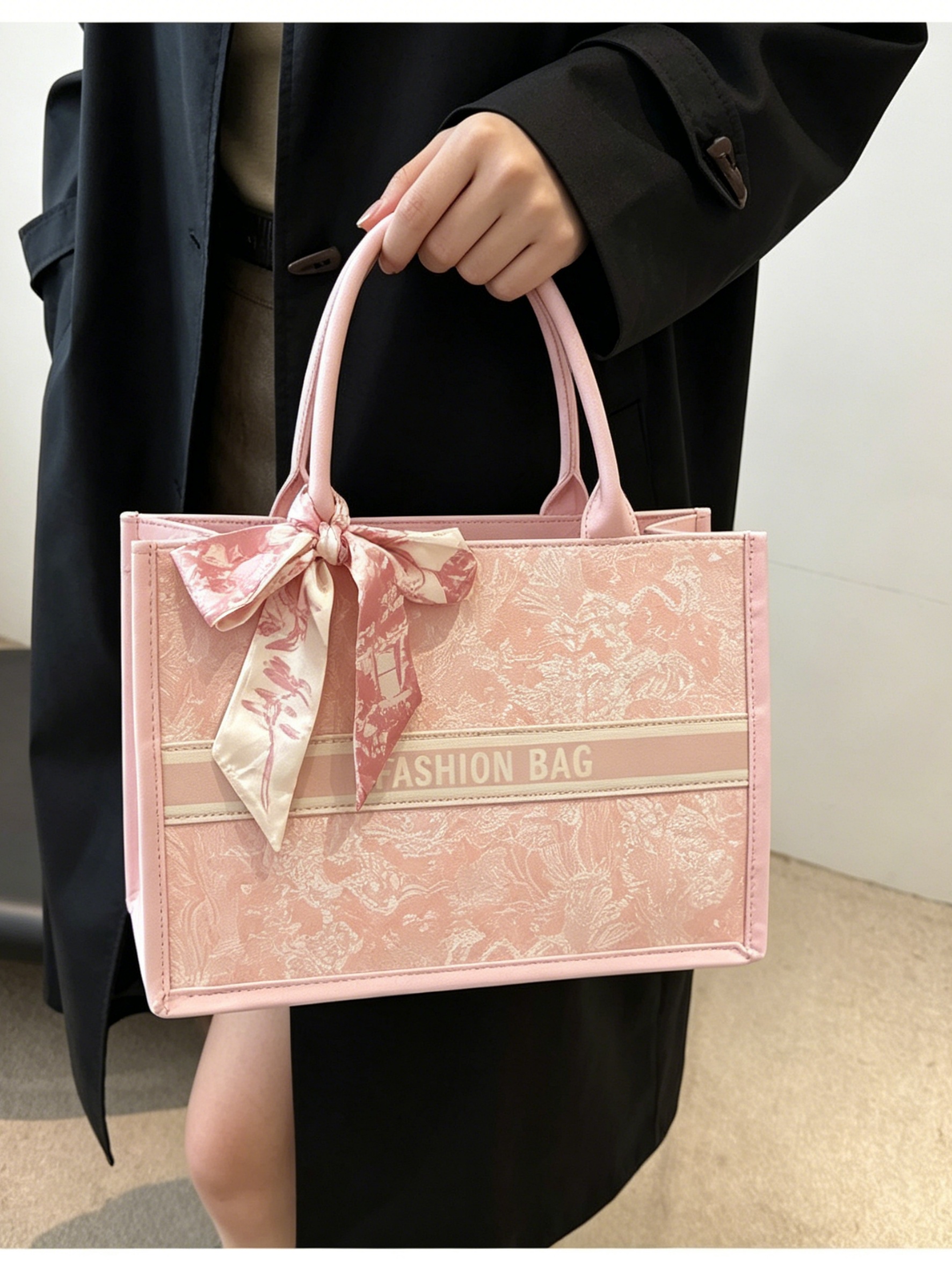 Pink Floral Print Tote Bag with Bow Detail