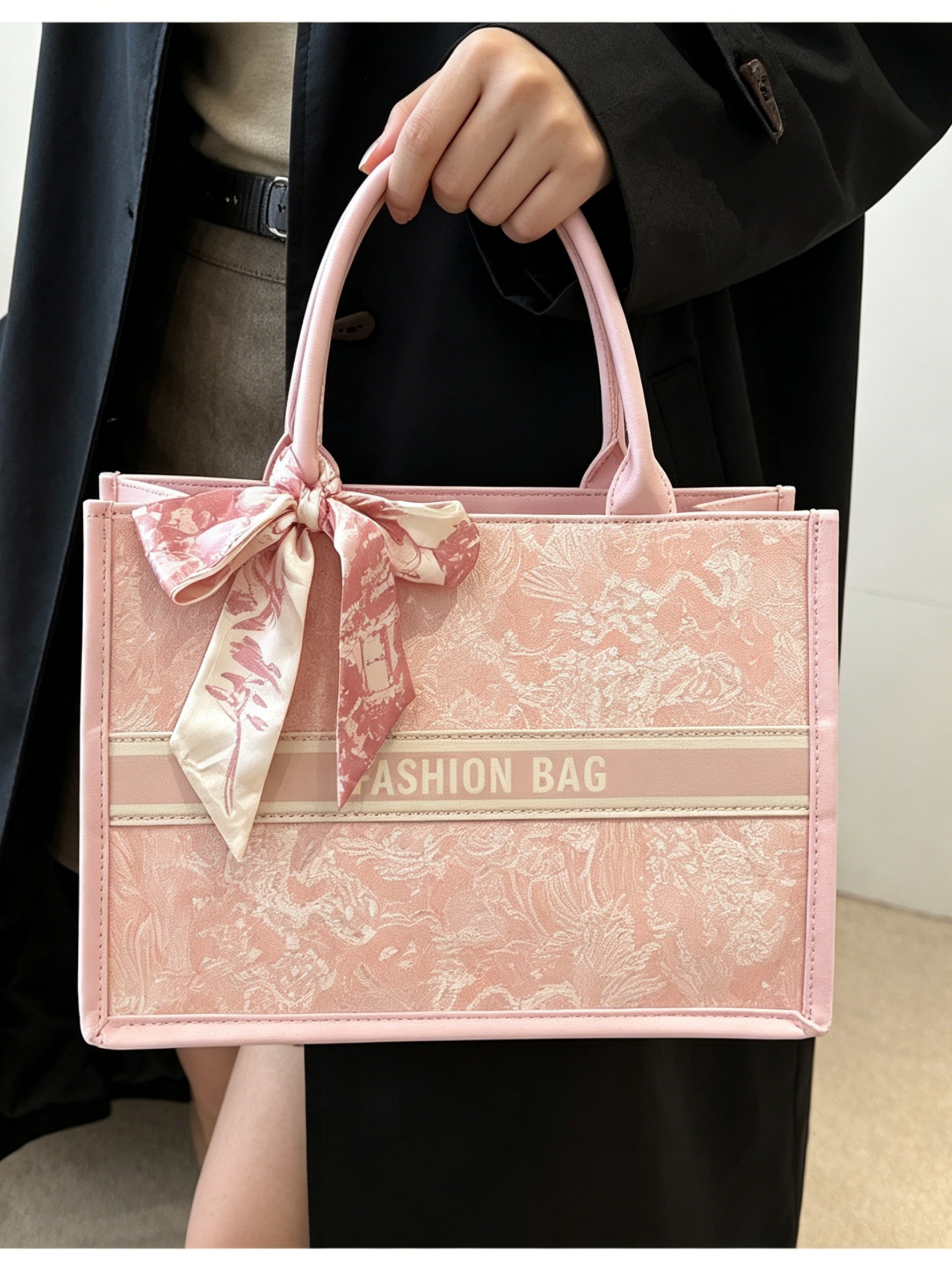 Pink Floral Print Tote Bag with Bow Detail
