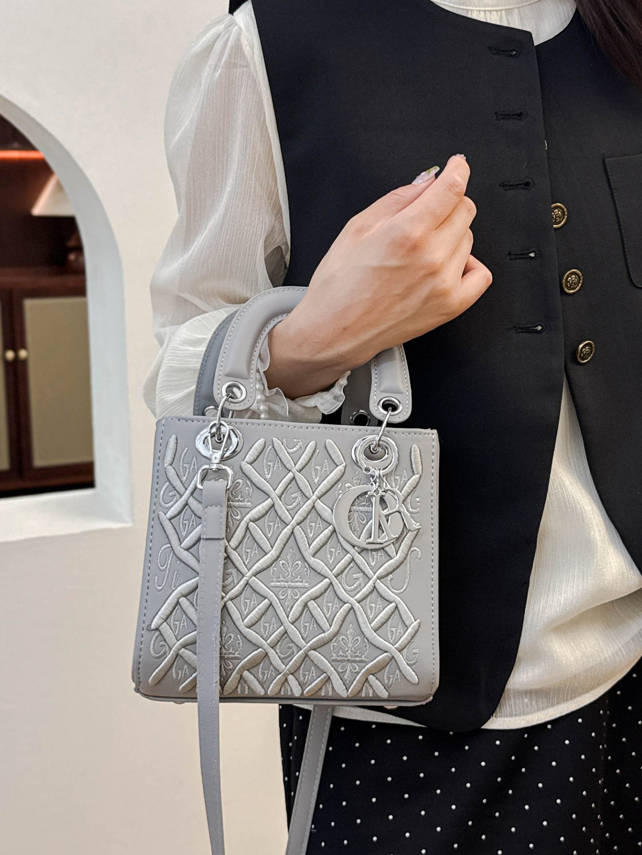 Grey Embroidered Handbag