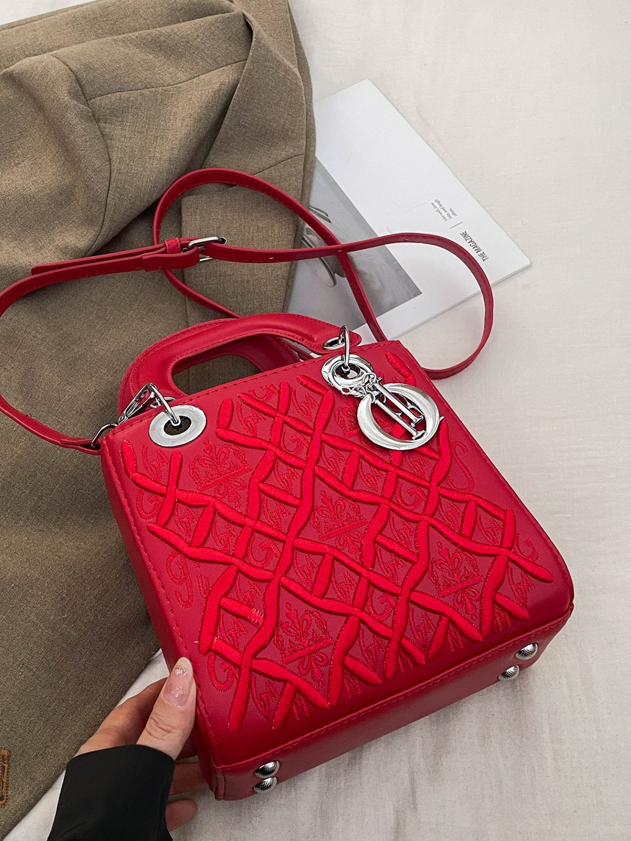 Red Embroidered Shoulder Bag